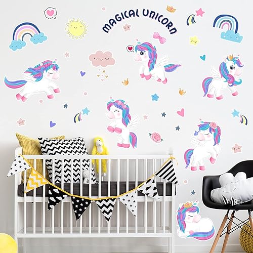 Miniatura 2 de fanquare Calcomanías de pared mágicas de unicornio con diseño de corazón de arco iris, decoración de pared para niños, niñas, dormitorio, sala de