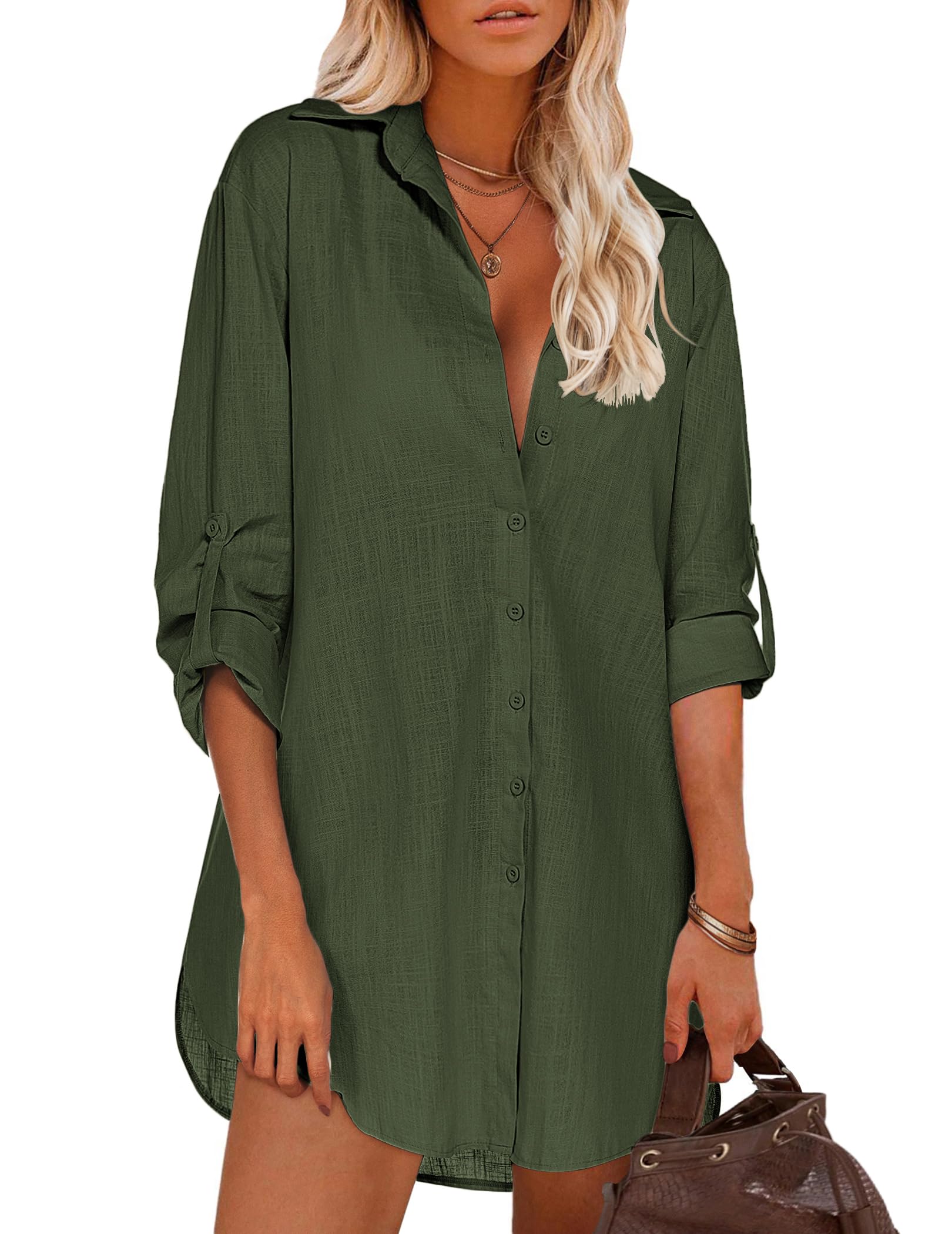 HOTOUCH Women Boyfriend Shirts Button Down Long Sleeve Blouse Cuffed Sleeve Collared Shirt