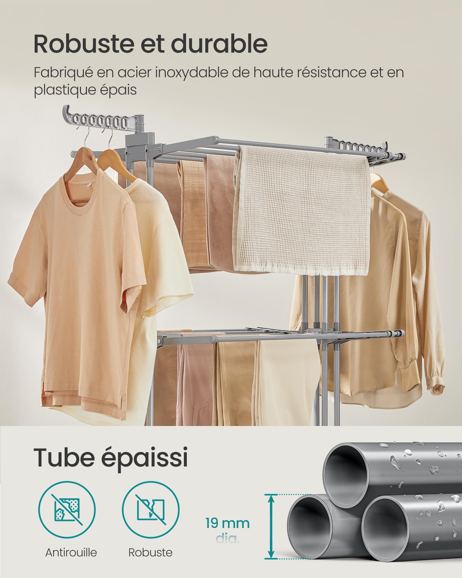 SONGMICS Étendoir à Linge, Séchoir Mobile à 4 Niveaux, avec roulettes, Pliable, 63,5 x (131-200) x 177,5 cm, Grande Capacité, Utilisation Intérieure et Extérieure, Gris Tourterelle LLR704G01