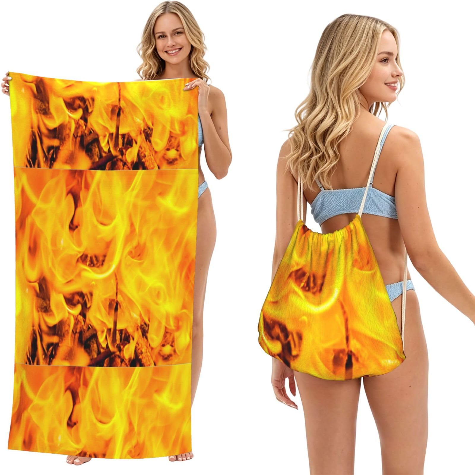 Poadnly As Picture Fire And Flames, 2 In 1 Packable Towel Bag, Beach Towels With Drawstring Backpack For Travel Holiday Camping