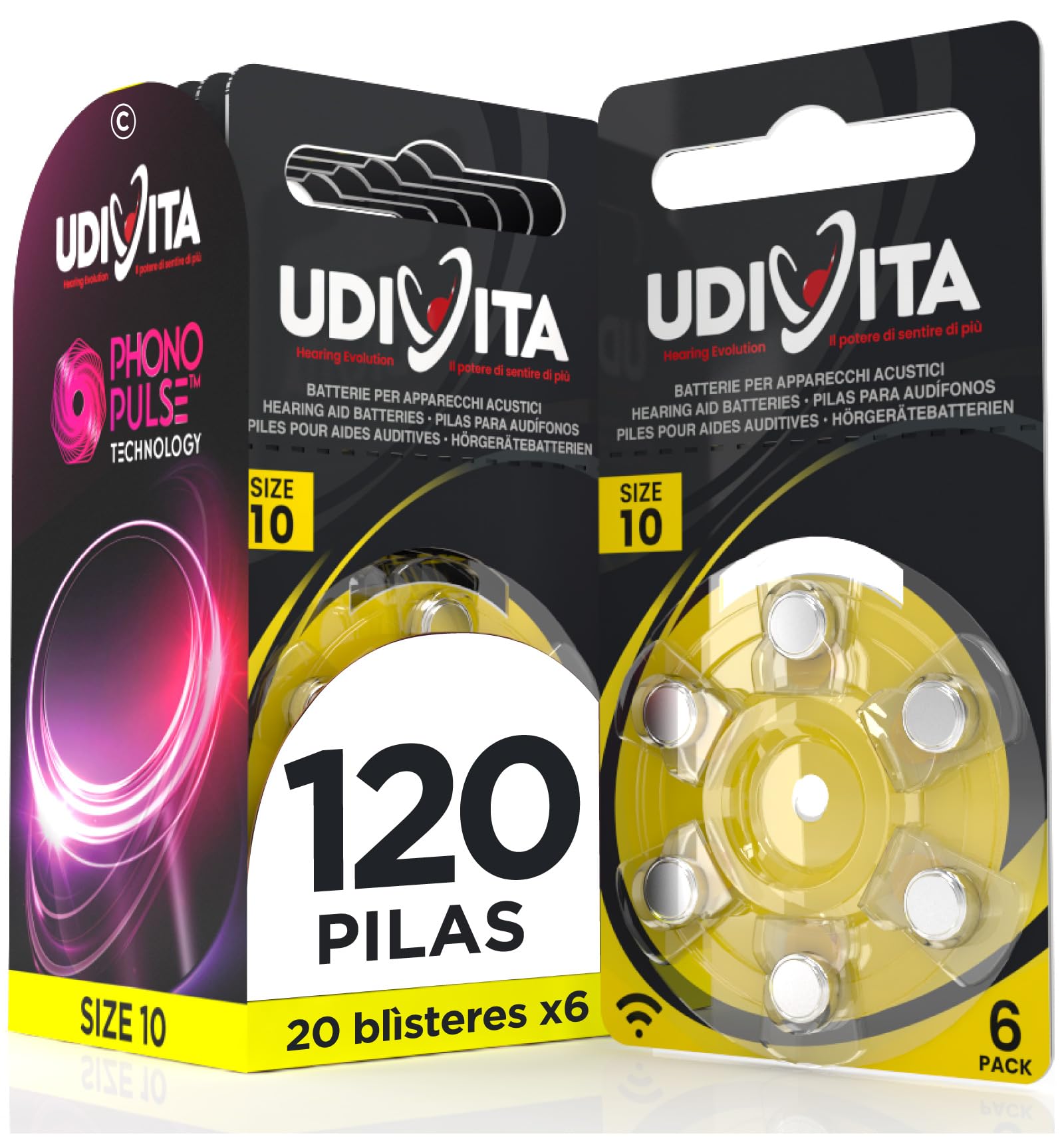 120 Pilas para Audífonos Udivita Sin Mercurio Tamaño 10 Tecnología Phono Pulse - 20 Blísteres de 6 Pilas