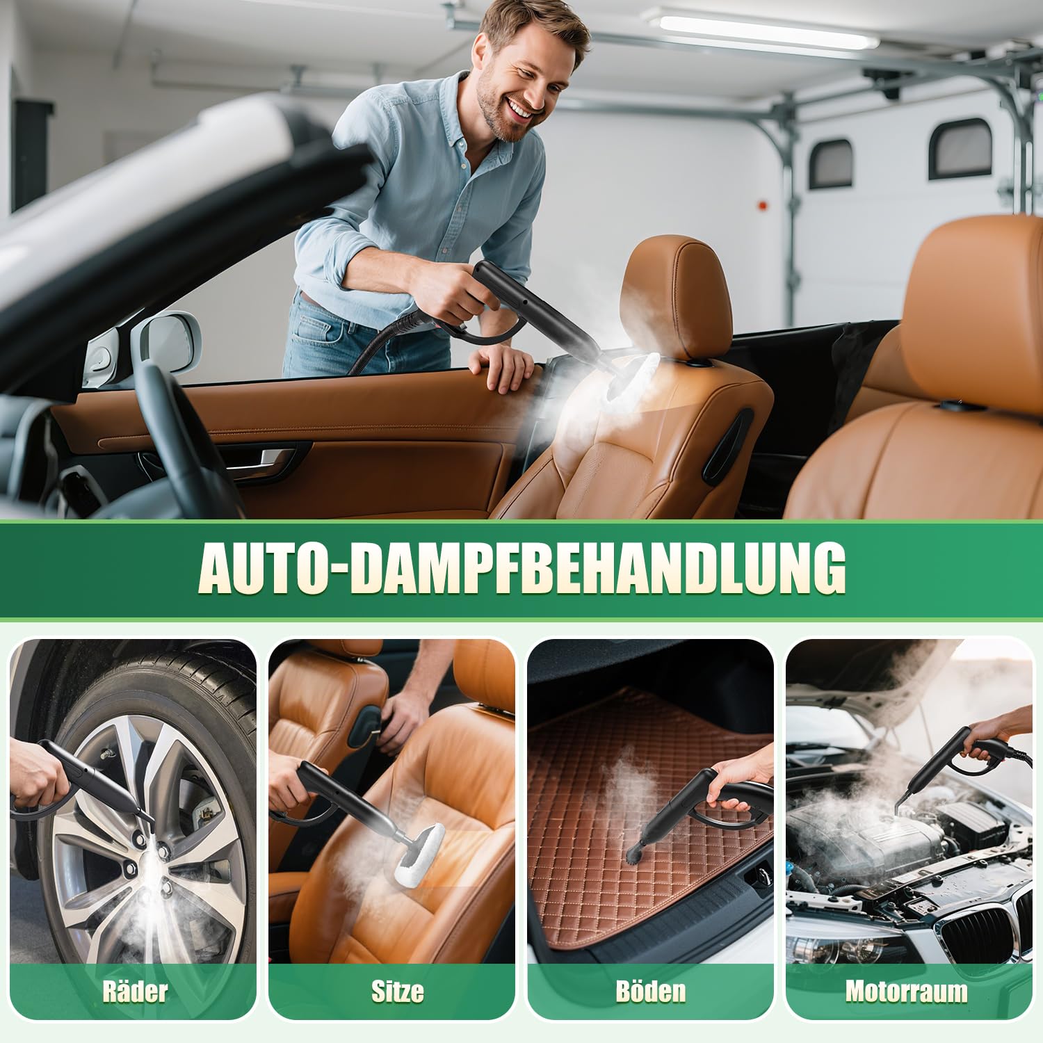 Rolipo Dampfreiniger, Dampfdruck: 4 Bar, Leistung: 2000 W, Tank: Max 2 L, Nutzungsdauer: 40 Minuten, mit Bodenreinigungsset, Düsen und Rundbürste von Böden, Sofas, Polstermöbel und Autos