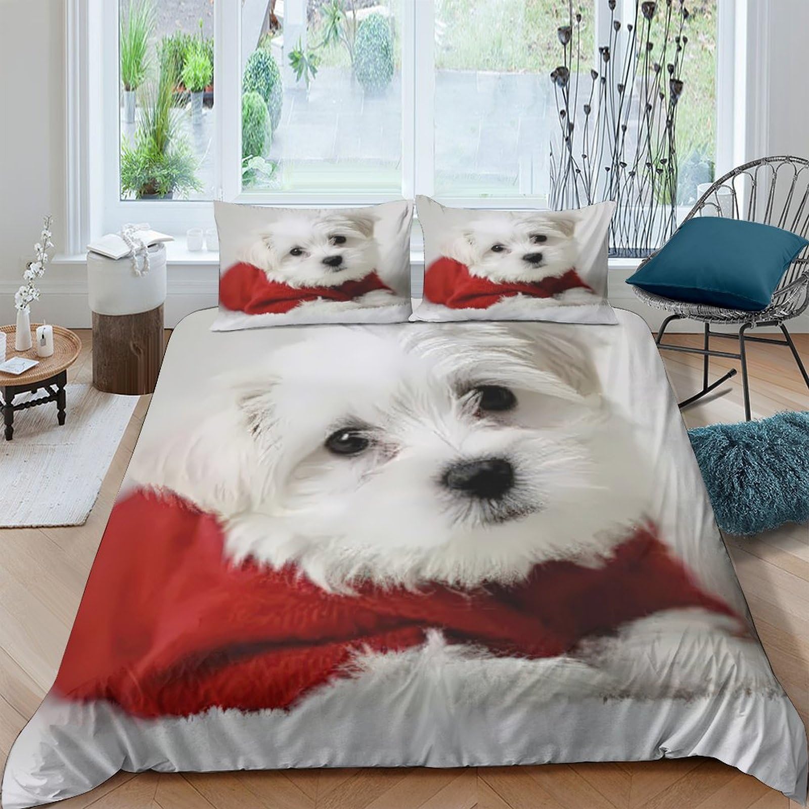 Housse de couette chiot 3D King 220x240 cm avec taie d'oreiller en linge de lit blanc