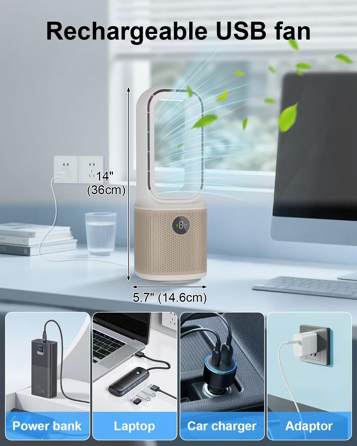 Ventilador de computadora, ventilador de refrigeración alimentado por USB sin aspas de 14 pulgadas, pequeño ultra silencioso con 9 velocidades y 3 modos de luz LED, oscilación de 60°