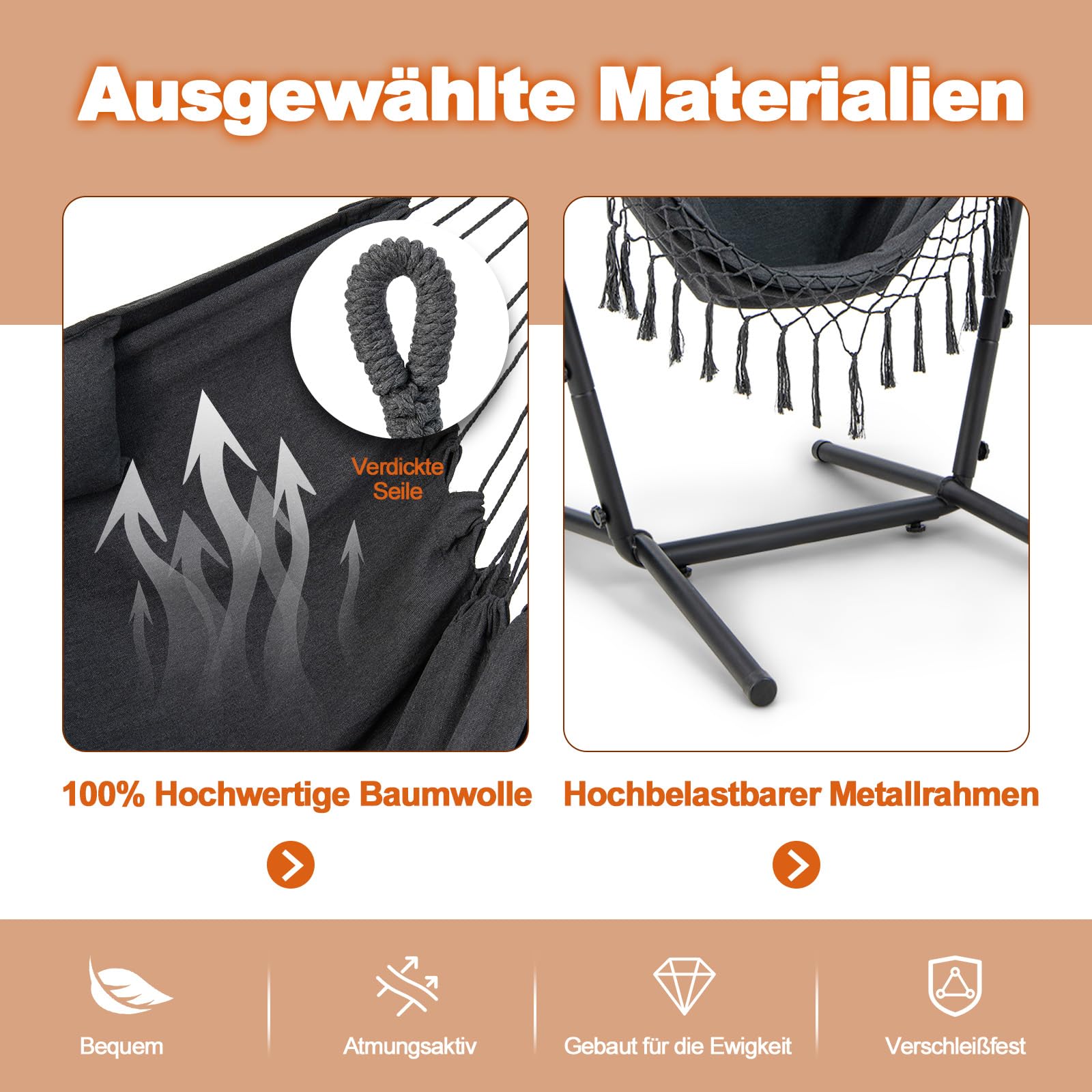 GOPLUS Silla Colgante con Estructura de Metal y Asiento de Algodón, Altura Ajustable y Soporte para Celular, Hamaca con Estructura, para Jardín, Patio y Dormitorio,Carga 250kg (Negro)