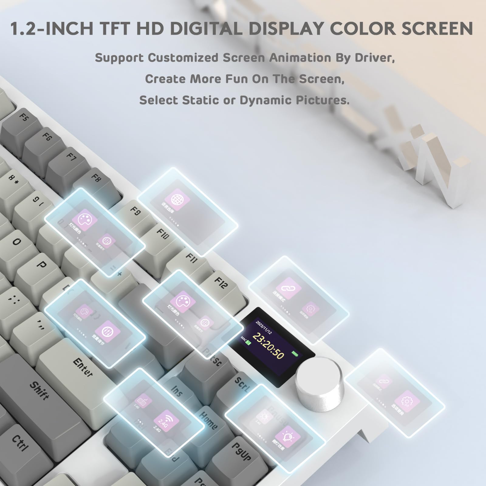ATTACK SHARK K86 Teclado Mecánico Wireless 75%, Teclado para Juegos Tri-Modo con 2.4G/BT5.0/USB-C Cable, QWERTY TKL 87 Tecla, Pantalla TFT HD de 1.2' y Perilla, RGB Hot-Swap Linear Switch - Gris