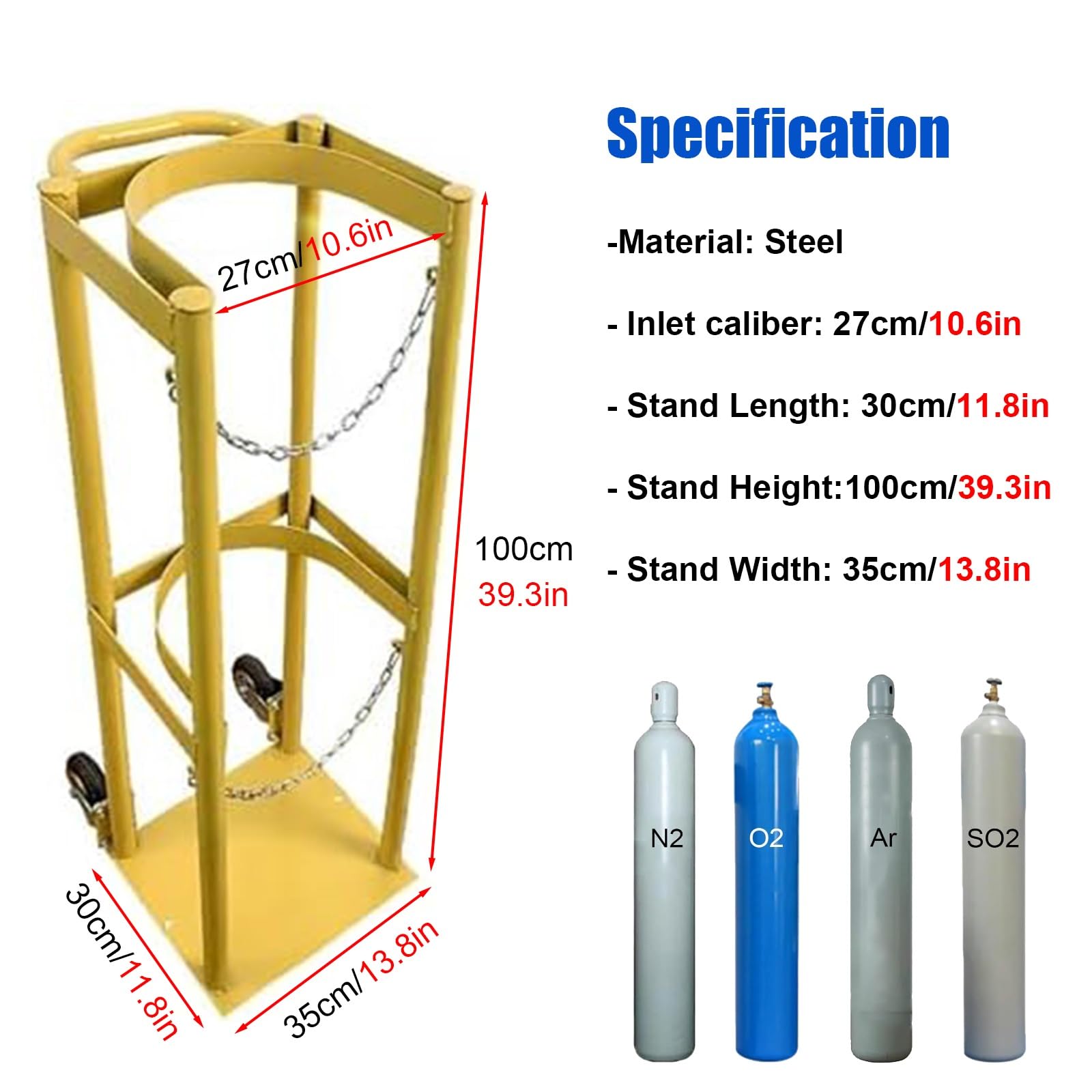 WDJBPSH Yellow Oxygen Tank Storage Rack, Nitrogen Cylinder Cart with Protective Chain, Heavy-Duty Fixed Gas Cylinder Stand for Laboratory/Hospital/Factory/Research Room(35x30x100cm)