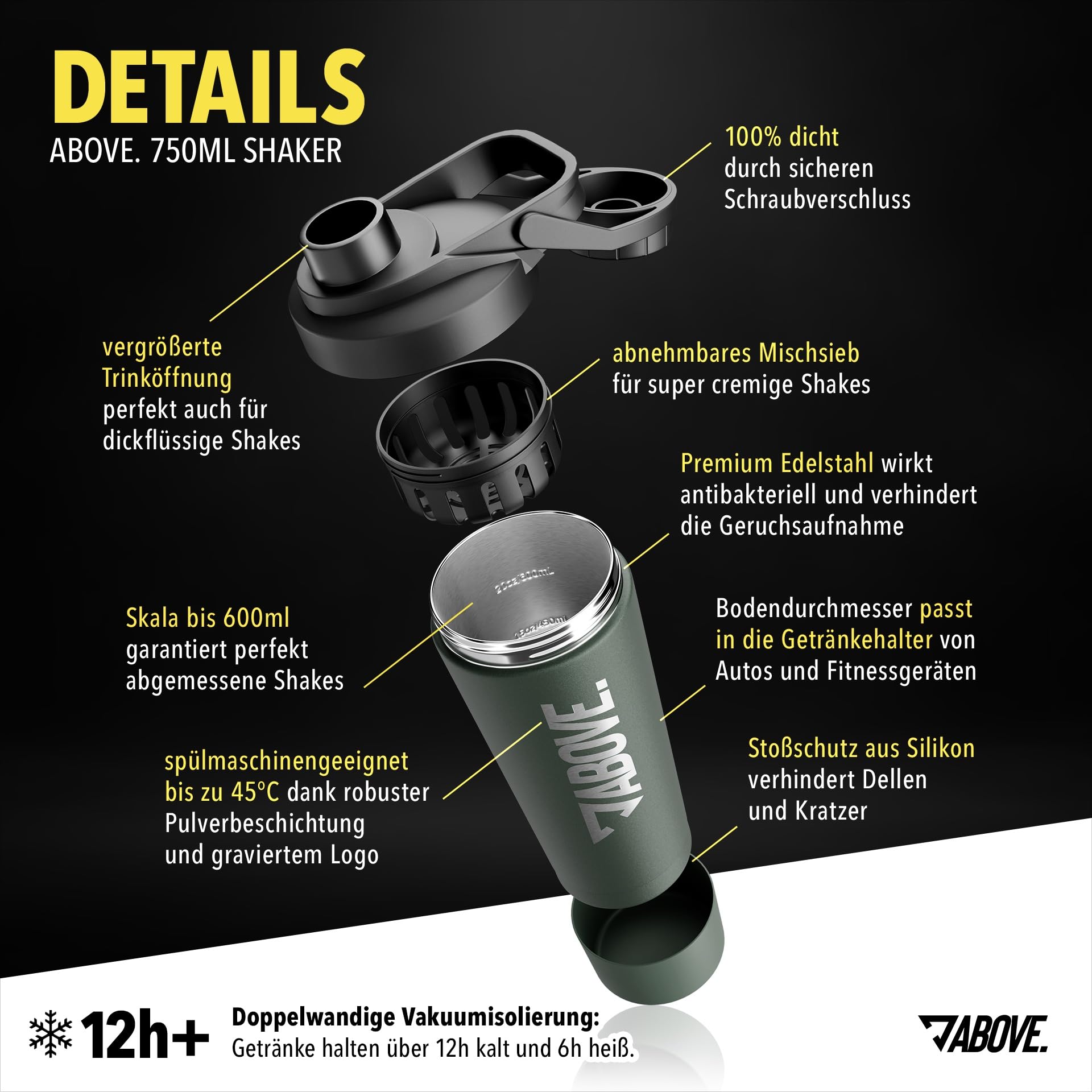 ABOVE. Protein Shaker Edelstahl 750ml – BPA-frei & isolierend: hält Shakes 12H eiskalt – integrierte Skala & 100% auslaufsicherer Deckel – robust & langlebig – spülmaschinengeeignet bis 45°C (Olive)