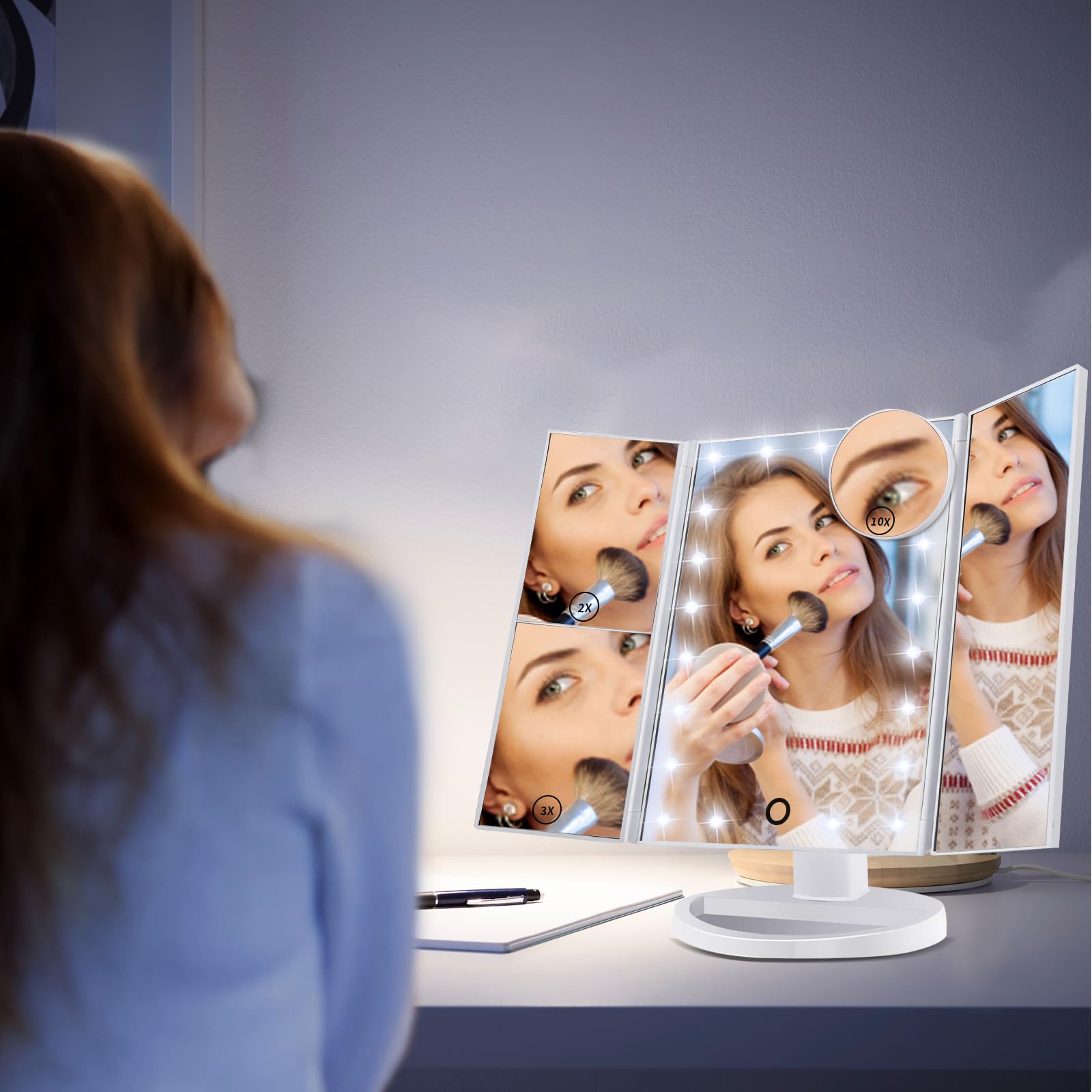 Nestling Miroir De Maquillage Triple Grossissant LED 21 Lumières - Rotatif 180° Avec Écran Tactile