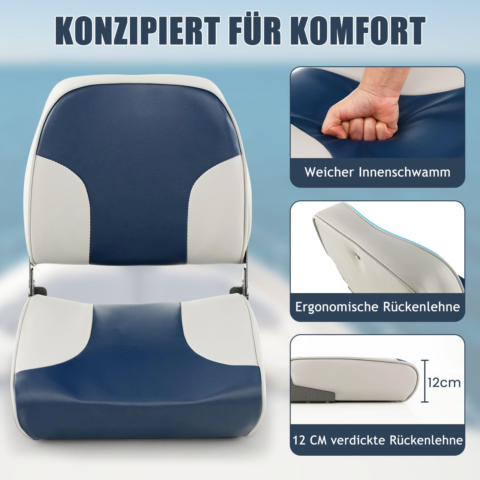 GYMAX Juego de 2 Sillas Plegables y Acolchadas, 41 x 49 x 47 cm, Asiento Plegable para Barcos (Azul + Gris)