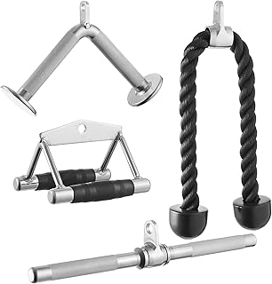 Philosophy Gym Cable LAT Pulldown Attachment 4 Piece Set Includes: Tricep Rope, Double D, Straight Bar, V Bar