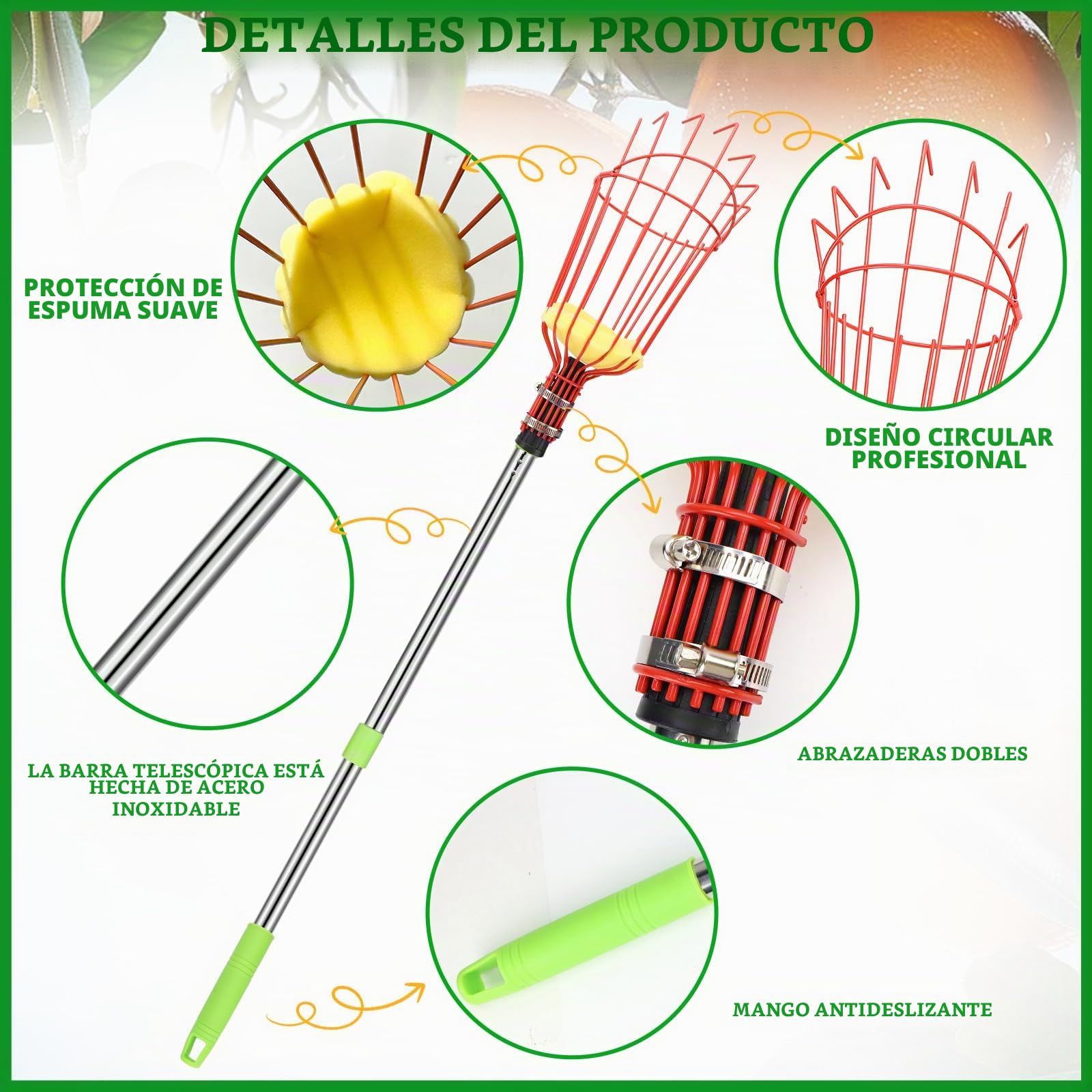 Recogedor de frutas con barra telescópica, 2,4 m, recogedor de manzanas con bolsa de algodón y almohadilla de espuma, recogedor de frutas para manzanas, cítricos y peras
