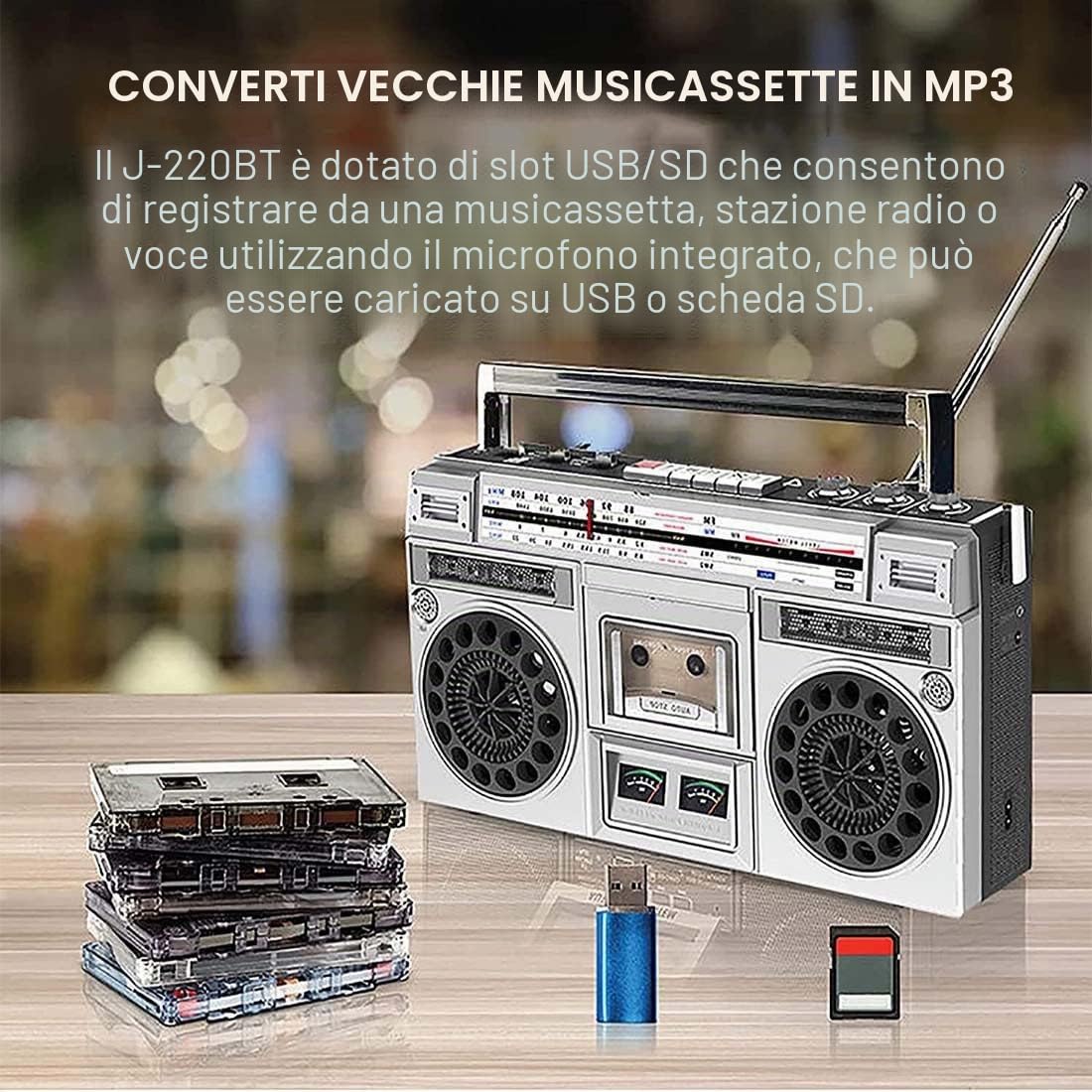 Radio E Registratore Cassette retrò, Stereo Portatile con Lettore CD Anni ‘80, Boombox a Cassette Portatile, con FM e AM + Registrazione USB, Ricevitore Bluetooth, Doppio Altoparlante