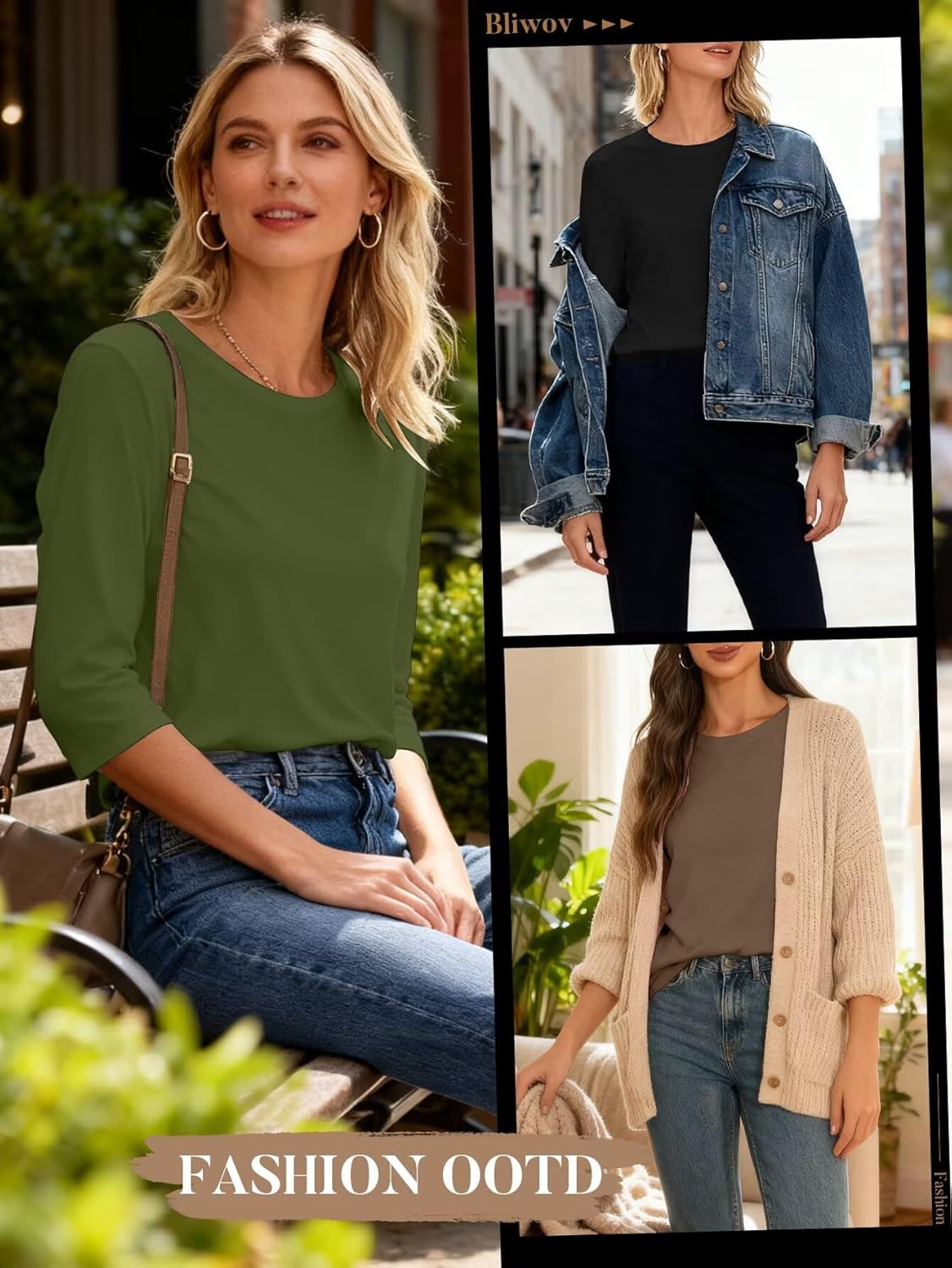 Bliwov 3 Pack 3/4 Sleeve Tops for Women Crewneck Basics Casual Work Tees Spring Summer Trendy T Shirts 2026 Clothes Blouses - Image 2