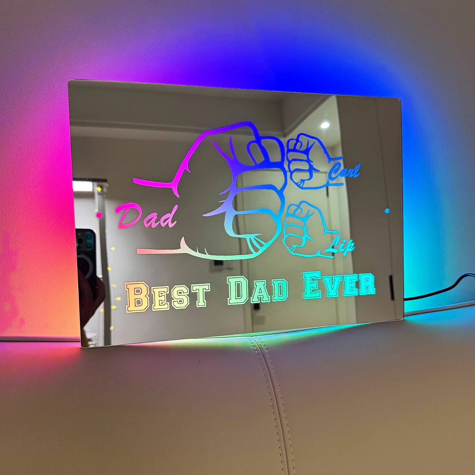 Daddy's Team Fist Bump Personalized Acrylic Led Night Light,Personalized Light Up Name Mirror,Custom Neon Name Sign,Father's Day,Husband,Christmas Birthday Gift,Best Dad Ever Gift (25x35cm)