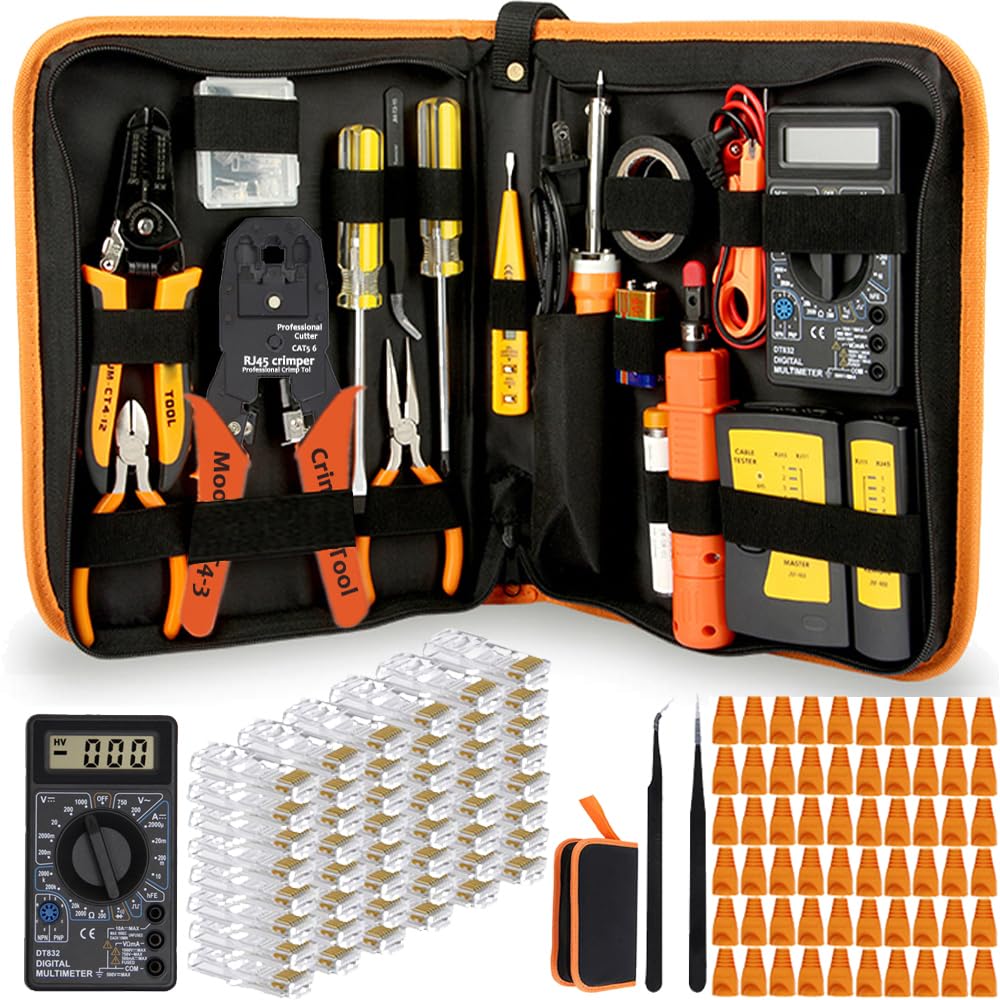 Leatbuy Kit d'outils de sertissage réseau CAT5 CAT6 RJ45, avec connecteurs traversants, testeur de câble LAN, coupe-fils Ethernet (orange)