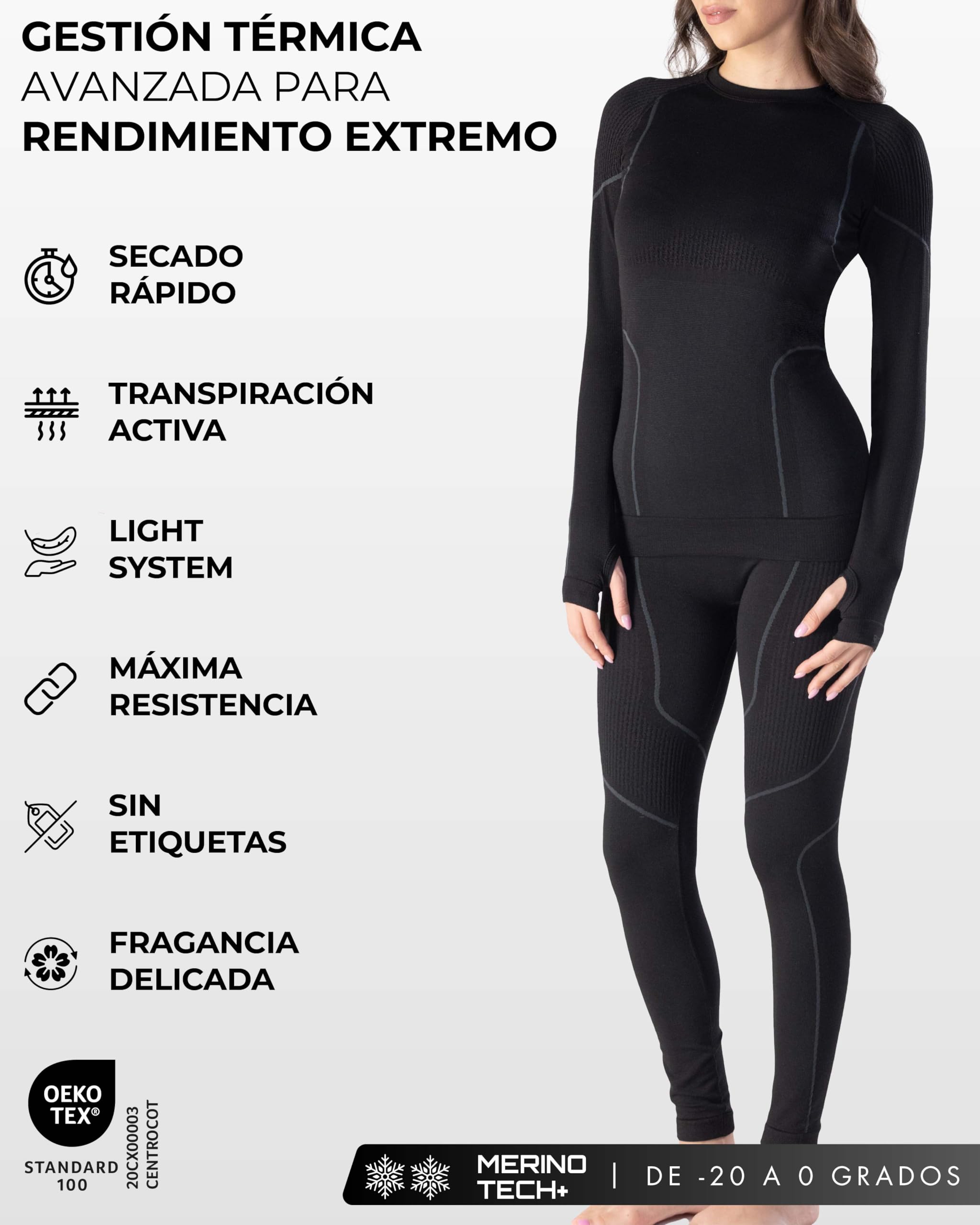 Risalti Ropa Termica Mujer Frio Lana Merino Tech – Camiseta Termica Mujer Manga Larga y Mallas Lana Merinos, Ropa Interior Invierno Transpirable y Termorreguladora, Seamless – Made in Italy