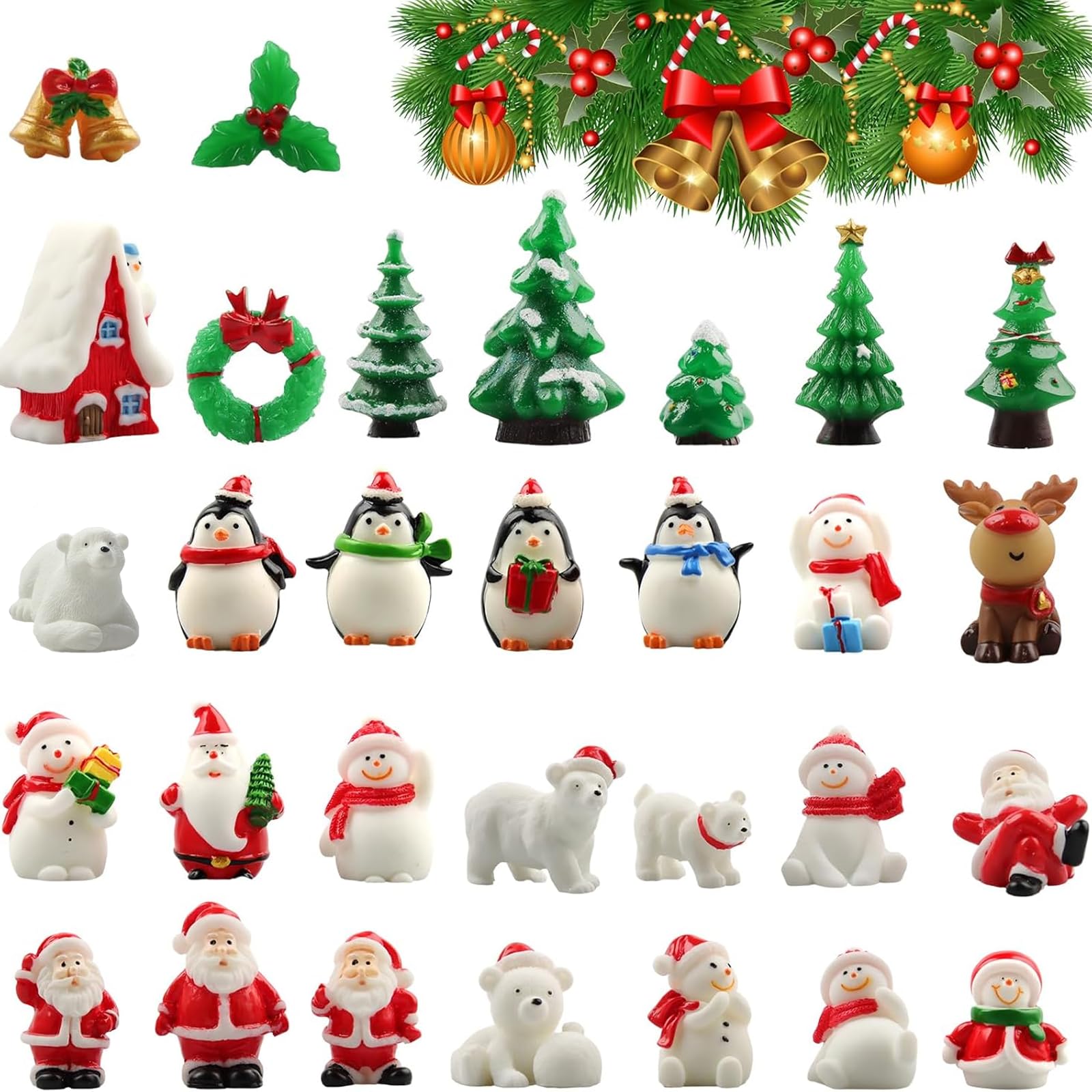 FUKPO 18 Miniature Natalizie In Resina - Set Decorazioni Per Albero, Fai Da Te, Presepe - Babbo Natale, Pupazzo Di Neve, Campane - 3