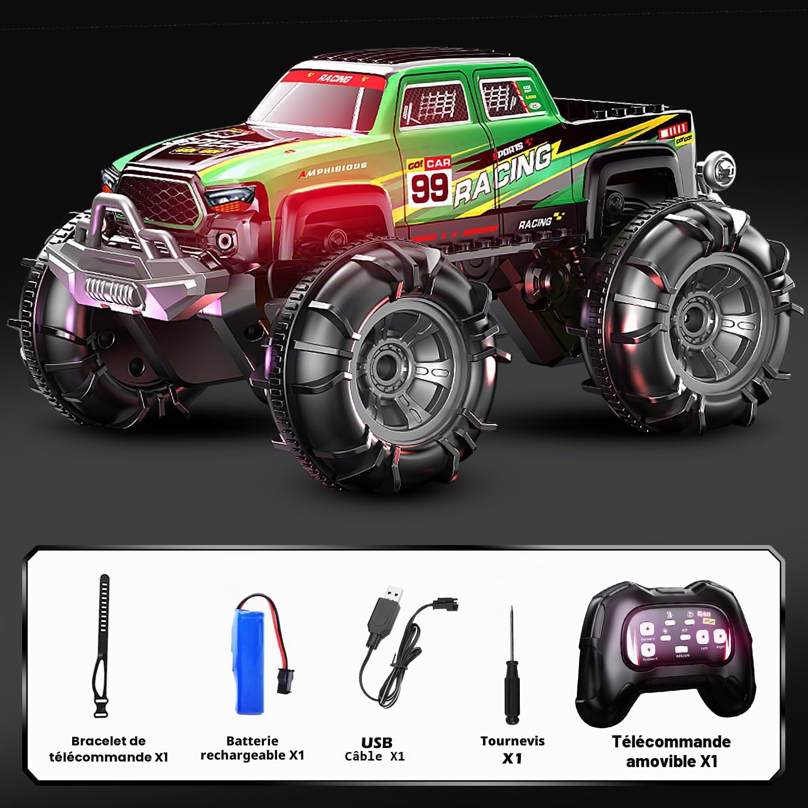 ROUSKY Monster Truck amphibie télécommandé, 2,4 GHz double commande avec montre et contrôleur, voiture télécommandée rotative à 360° avec lumières LED, vert course (vert)