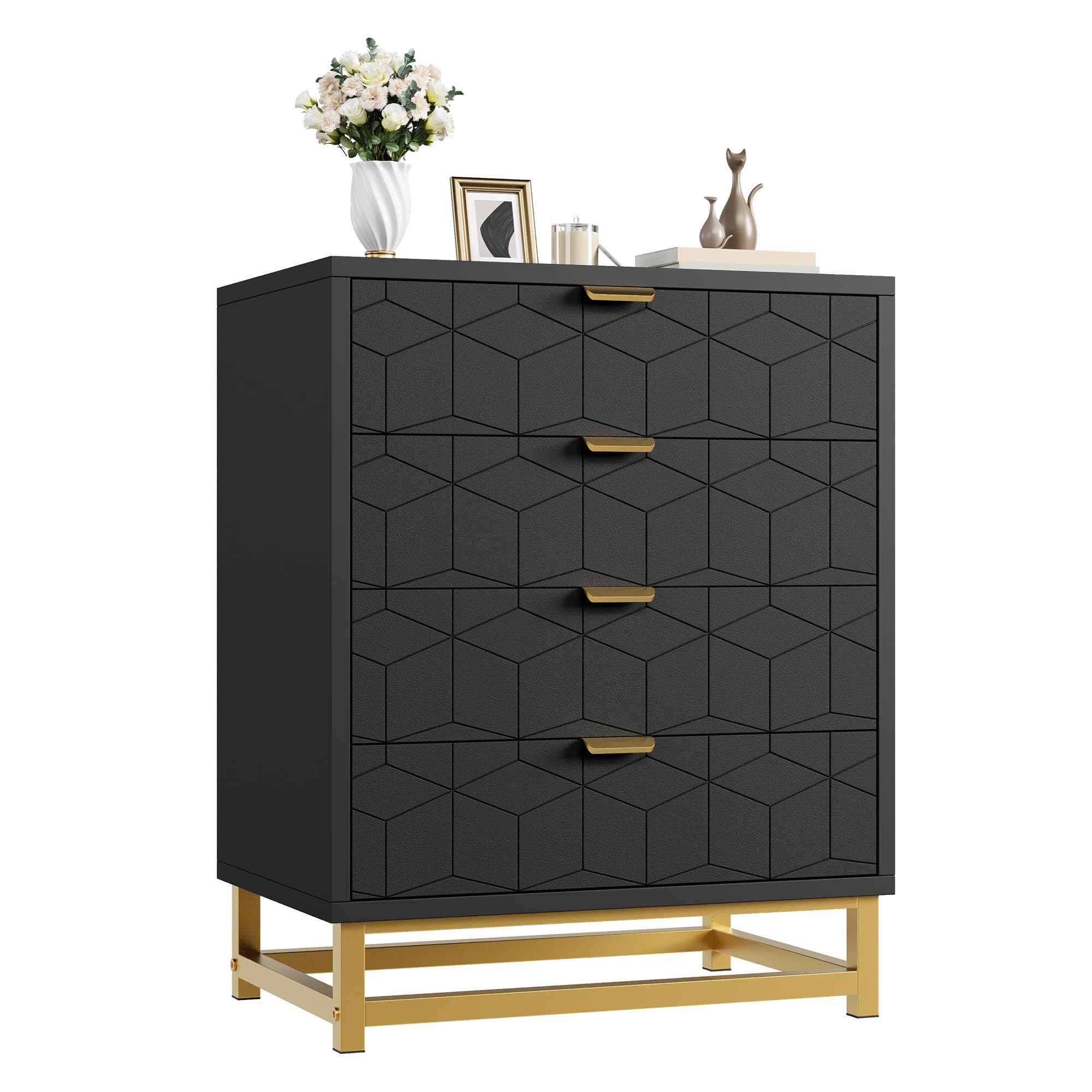 IDEALHOUSE Black Dresser for Bedroom, 4 Drawer Dresser with Metal Legs, Modern Dressers Chest Organizer with Wide Storage, Chest of Drawers for