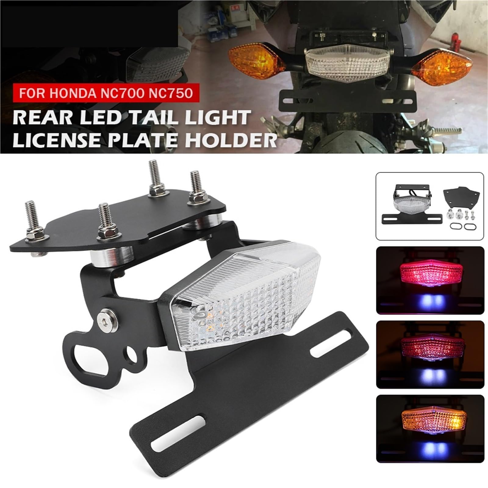 Ramka tablicy rejestracyjnej Uchwyt na tablicę rejestracyjną motocykla, tylne światło LED pasujące do HONDA NC750X, NC750S, NC700S, NC700X, Fender Eliminator