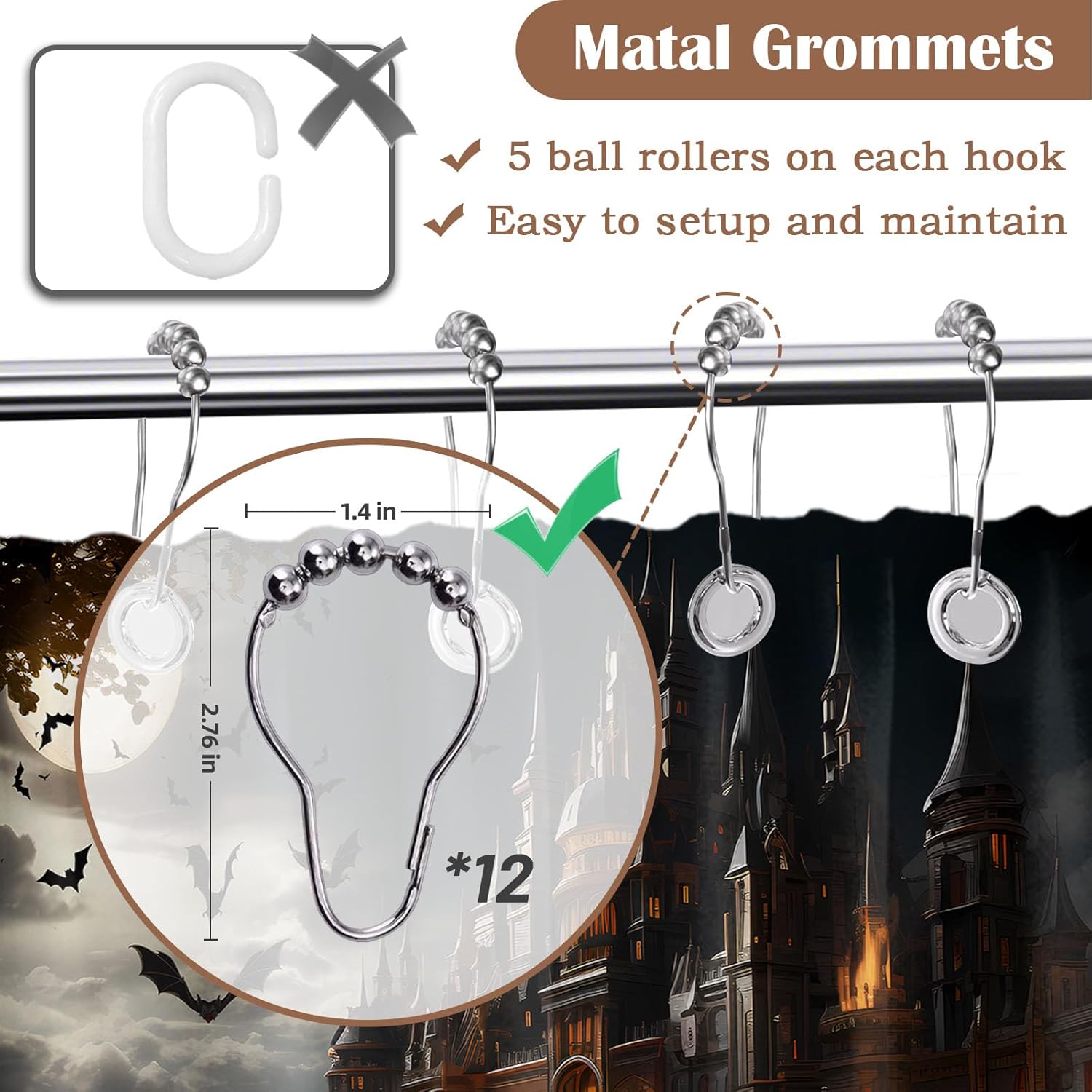 Castle Shower Curtain Goth Halloween Spooky Bat Medieval Black and Gold Bathroom Decor, Waterproof Cloth Fabric with Hooks, 70x78 Inch