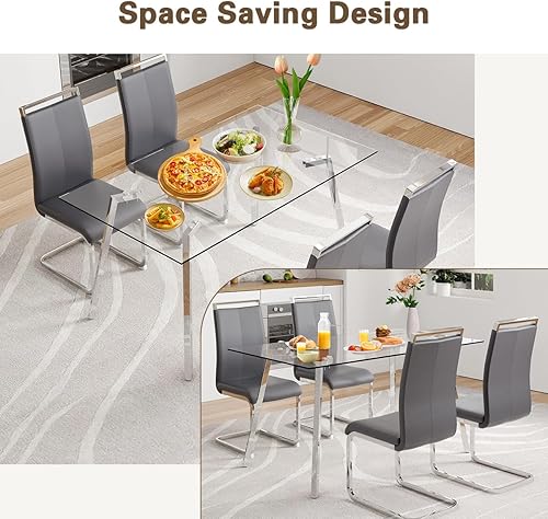 Miniatura 5 de Juego de mesa de comedor de cristal para 4, mesa rectangular con 4 sillas de cocina de cuero gris, juego de comedor de cocina de 51 pulgadas, mesa