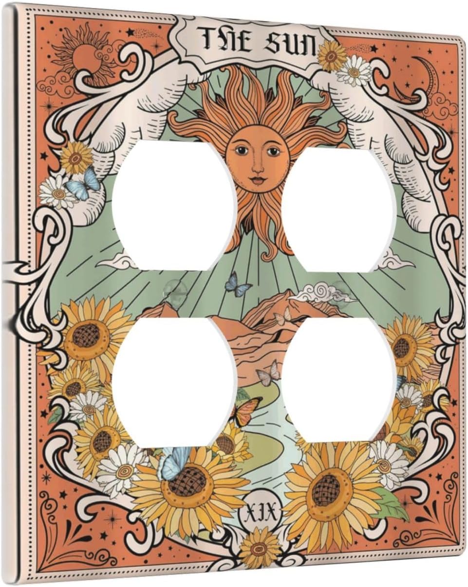Boho Retro Sun Sunflower Vintage Flower Butterfly Outlet Covers 2 Gang Double Duplex Decorative Light Switch Covers Electrical Wallplates Socket Faceplate for Farmhouse Home Decor