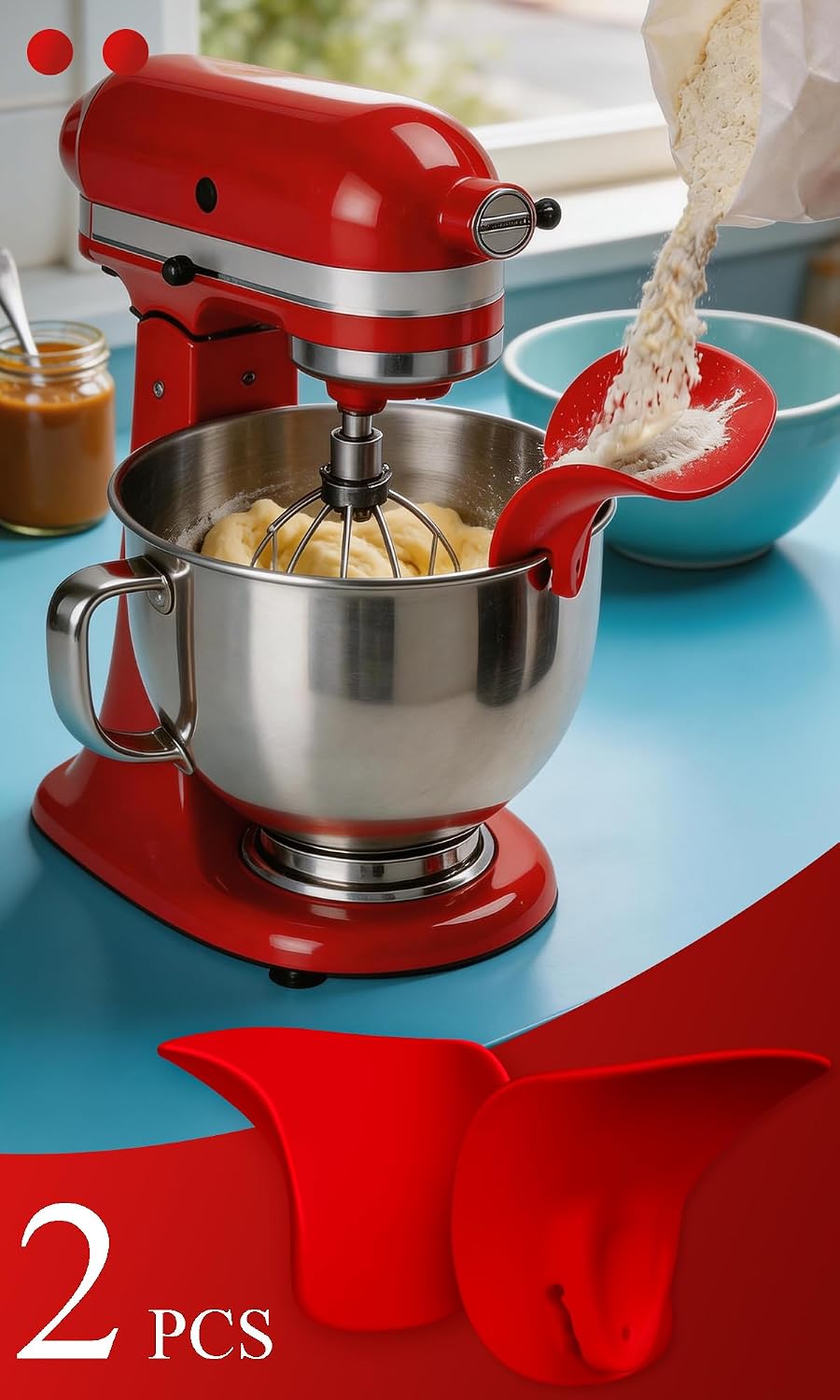 2pcs Silicone Flour Funnel, Red Flour Funnel for 3.5-7 Qt Stand Mixer, for Flour, Sugar, and Other Dry or Liquid Ingredients (Red)