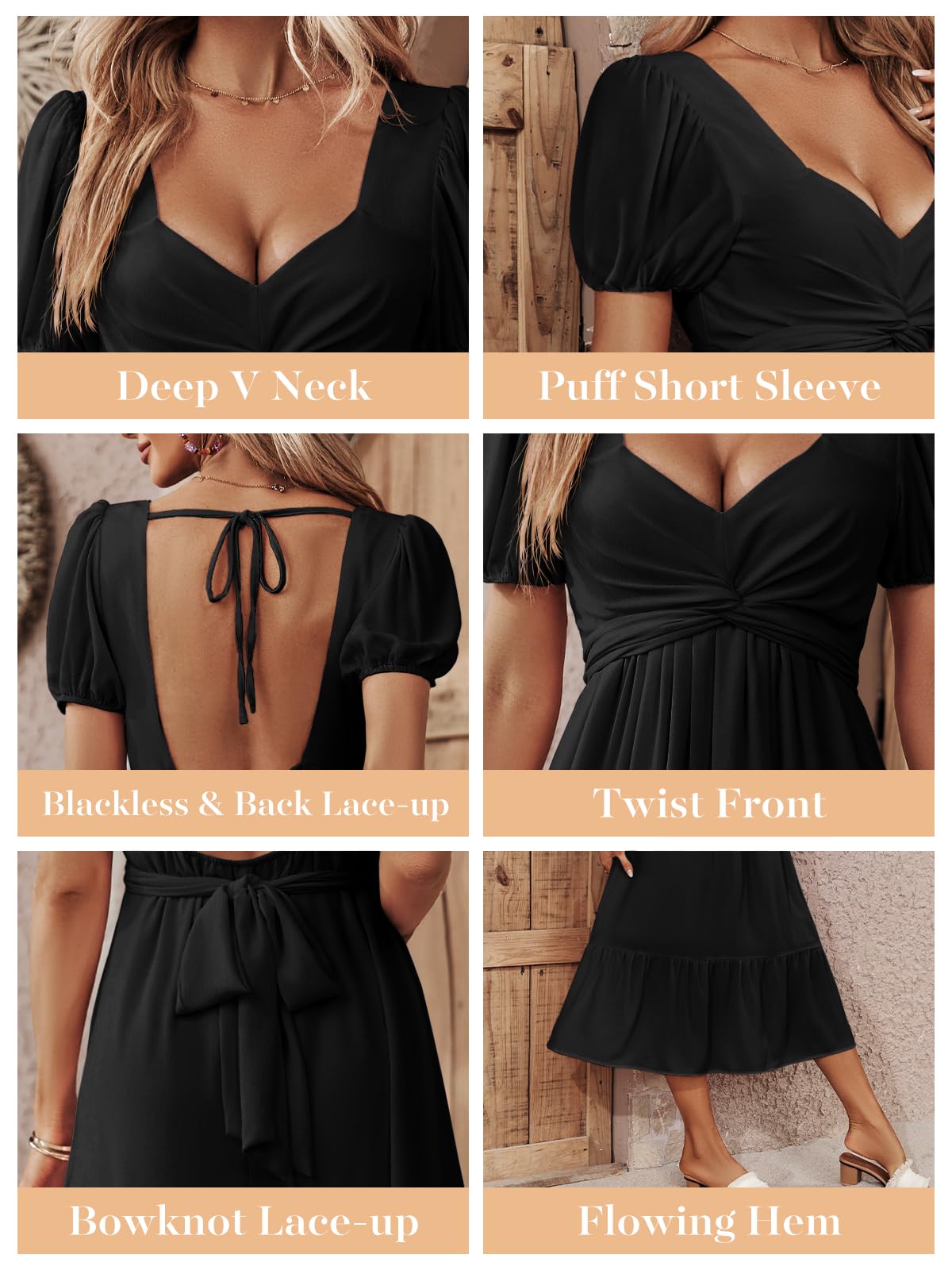 Ebifin Abito estivo casual da donna, scollo a cuore, maniche a sbuffo, volant, midi