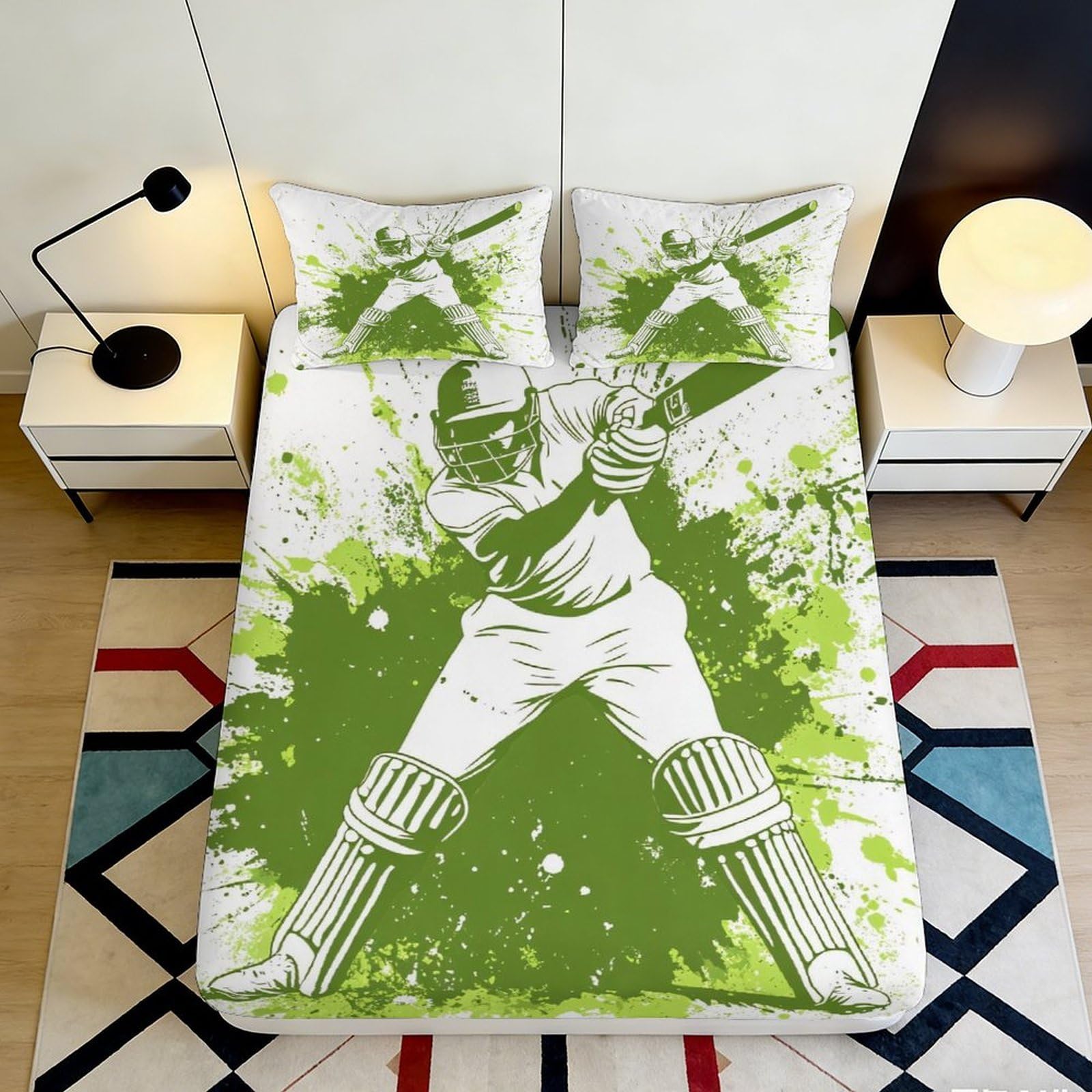 3D Printed Cricket Player Fitted Sheet Microfiber Durable Soft Green Sports Mattress Cover for Bedroom Dormitory Guest Room Protection Decoration 180x200x25cm