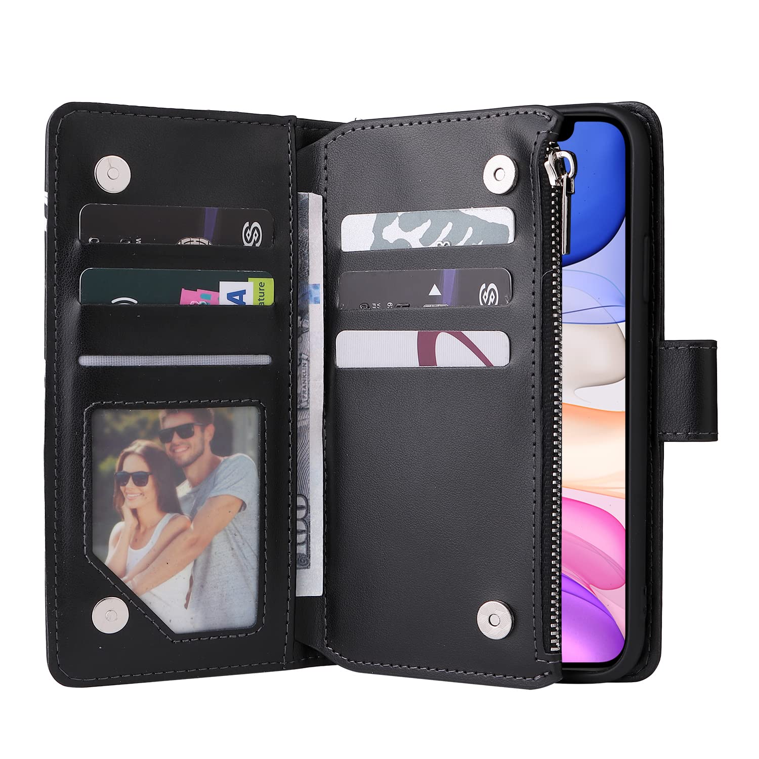 Étui Portefeuille UEEBAI Pour IPhone 11 6,1″ – Silicone Noir, Rabat Magnétique Avec 4 Fentes RFID