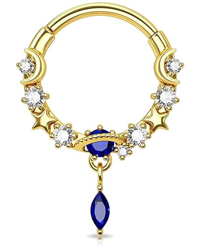 Melighting 16G Septum Rings Dangle Septum Jewelry with Blue Planet Clear CZ Stainless Steel 316L Daith Piercing Jewelry Moon Septum Piercing Helix Earring for Women - Gold - 10mm