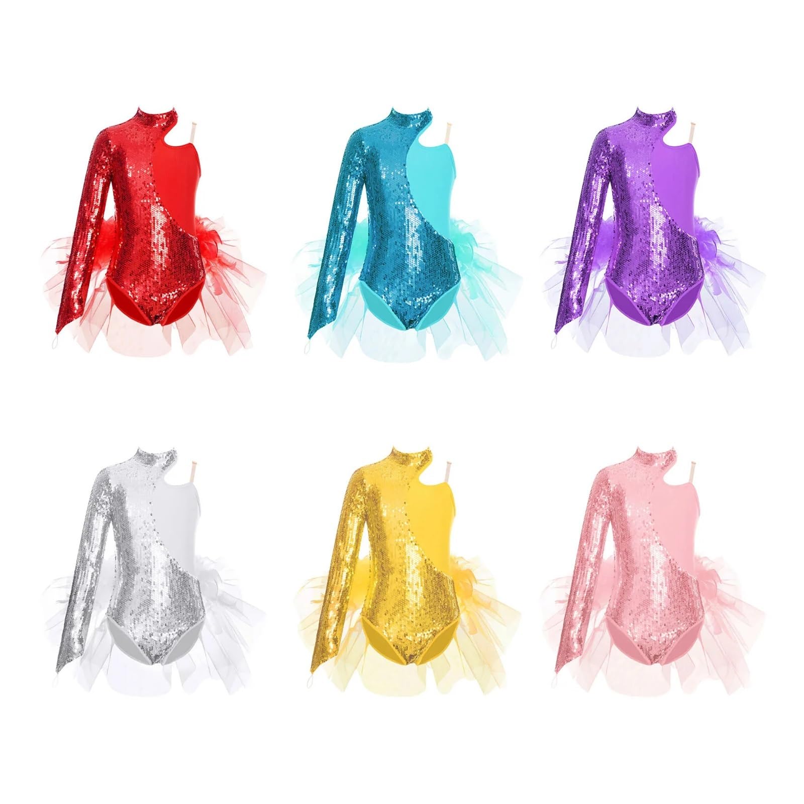 Justocorp De Gym Fille Justaucorps de gymnastique for enfants, jupe en tulle à paillettes scintillantes, justaucorps de ballet for enfants, manches asymétriques, body de gymnastique, combinaison de da
