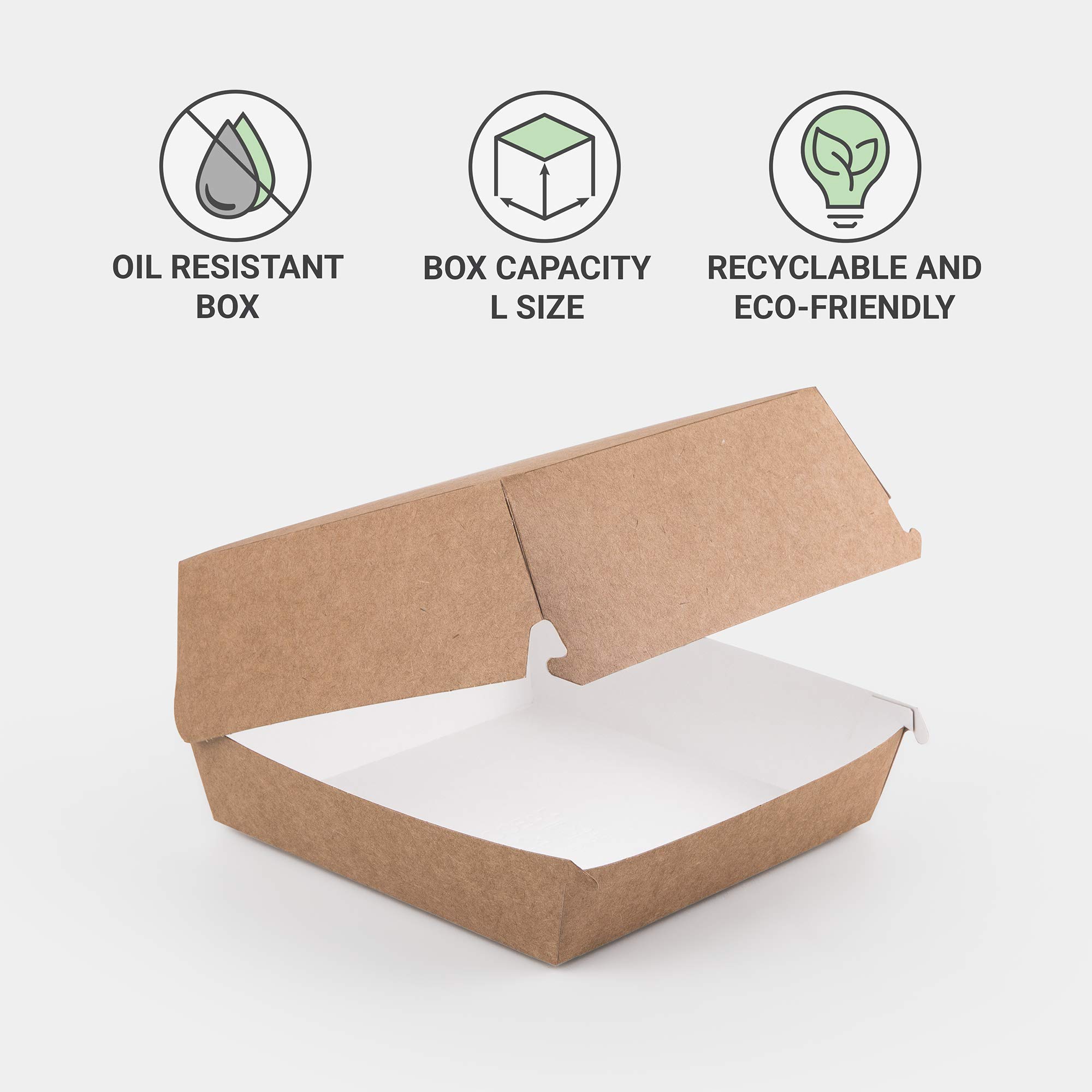 Paquete de cajas de hamburguesas Kraft tamaño contenedor de alimentos hamburguesas comida rápida comida comida comida rápida caja desechable a prueba de fugas ecológica reciclable (50, L)