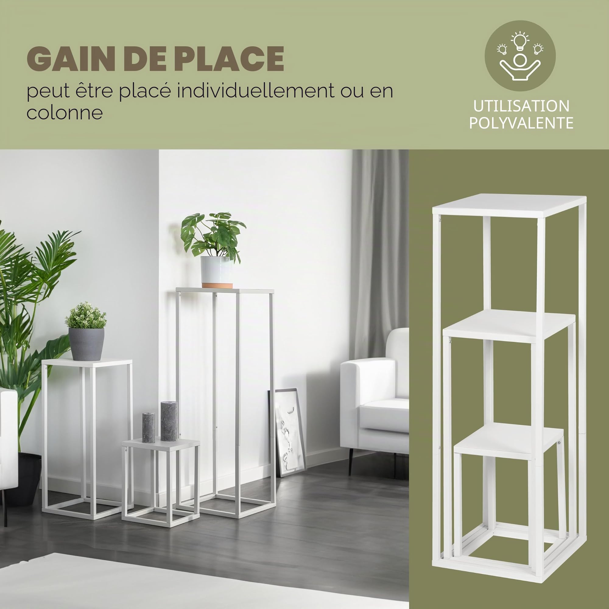 bremermann Lot de 3 tabourets à fleurs, support pour plantes en métal, idéal pour le salon, l'entrée et le bureau, pour la décoration et les plantes d'intérieur, en métal (Blanc)