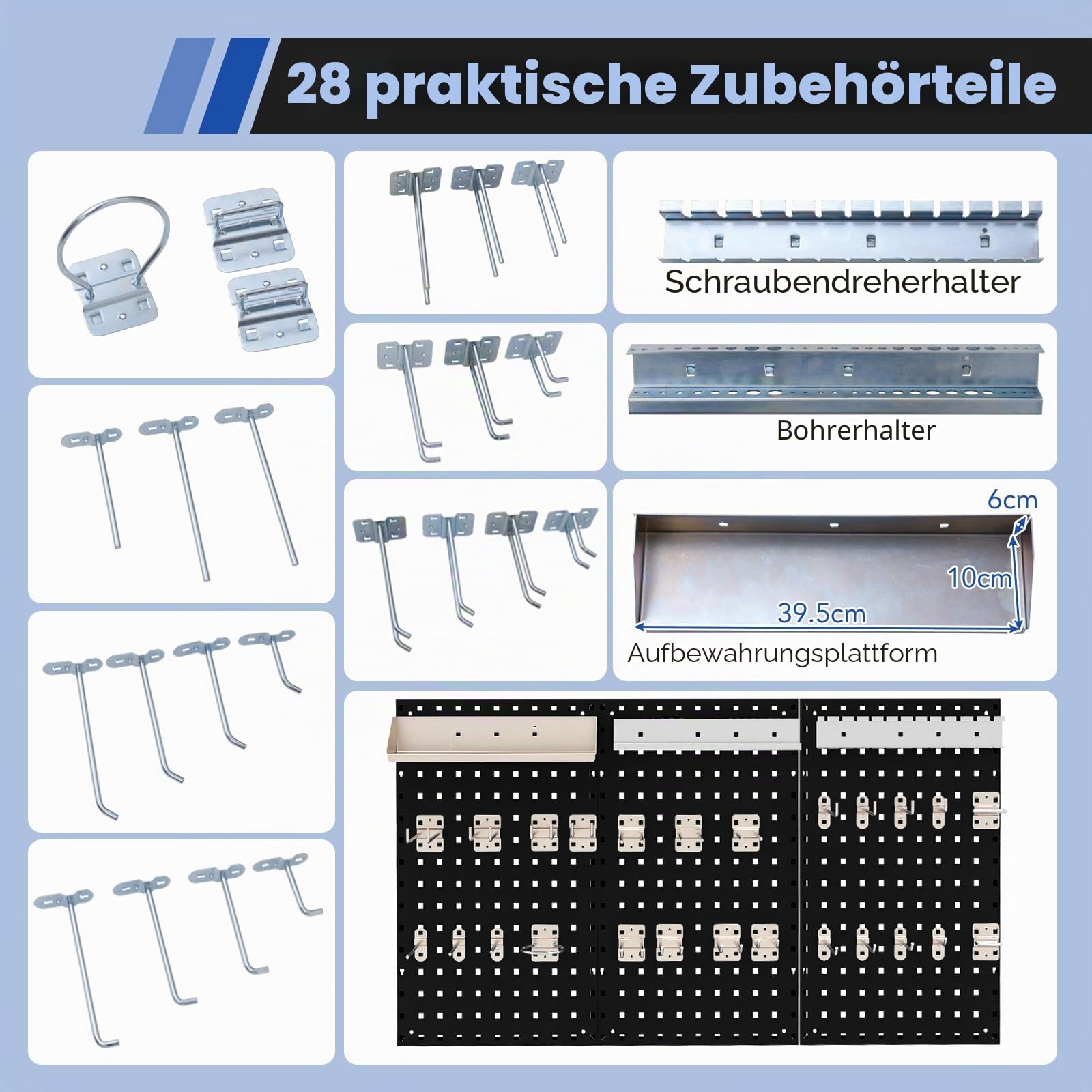 SOARS Werkzeughalter, Wandmontage, 120 x 60 cm, Werkzeugaufbewahrung aus Metall, 3 Paneele, perforiert, mit Set mit 28 Haken, stabil und robust, für Garage, Werkstatt, Reparaturwerkstatt (schwarz)