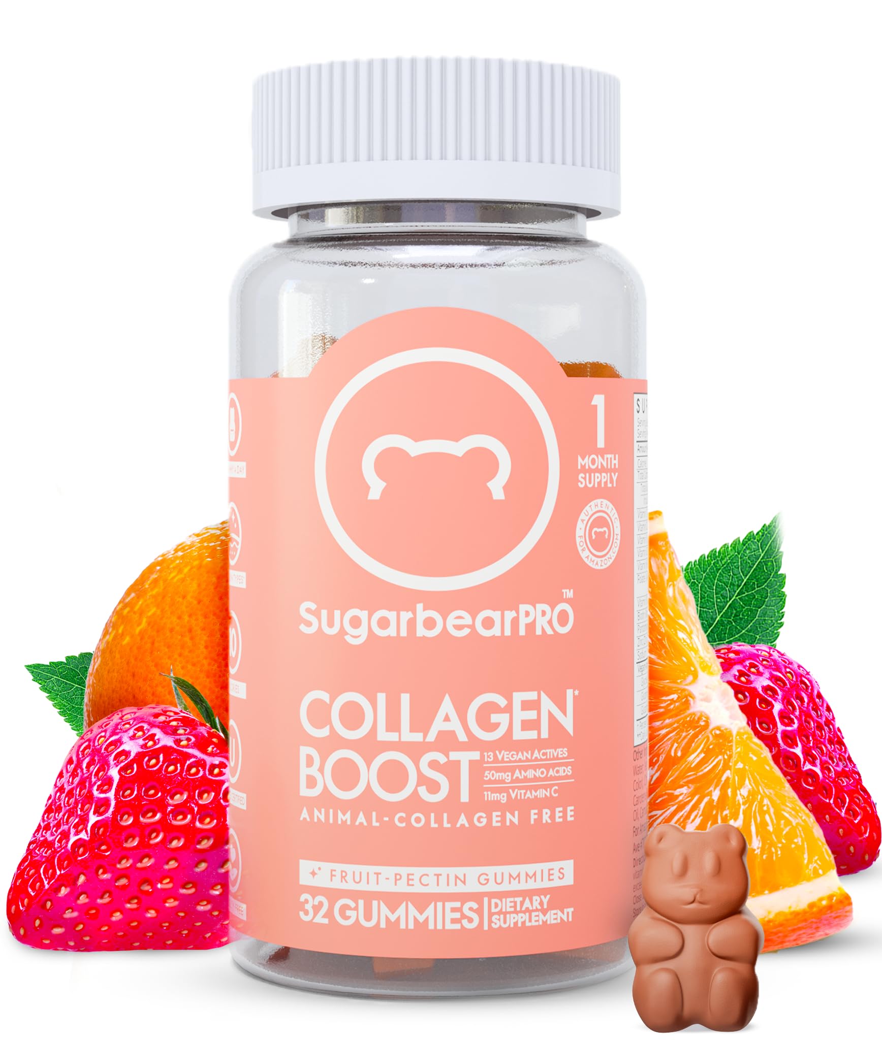 SugarbearPRO Collagen Boosting Vegan Multivitamin Gummies, 100mg of Amino Acids, Vitamin C, Vitamin D, B2, B6, B12 and Biotin, Promotes Hair, Nail, Skin, Bone & Joint Health, 32 Count, 1 Month Supply