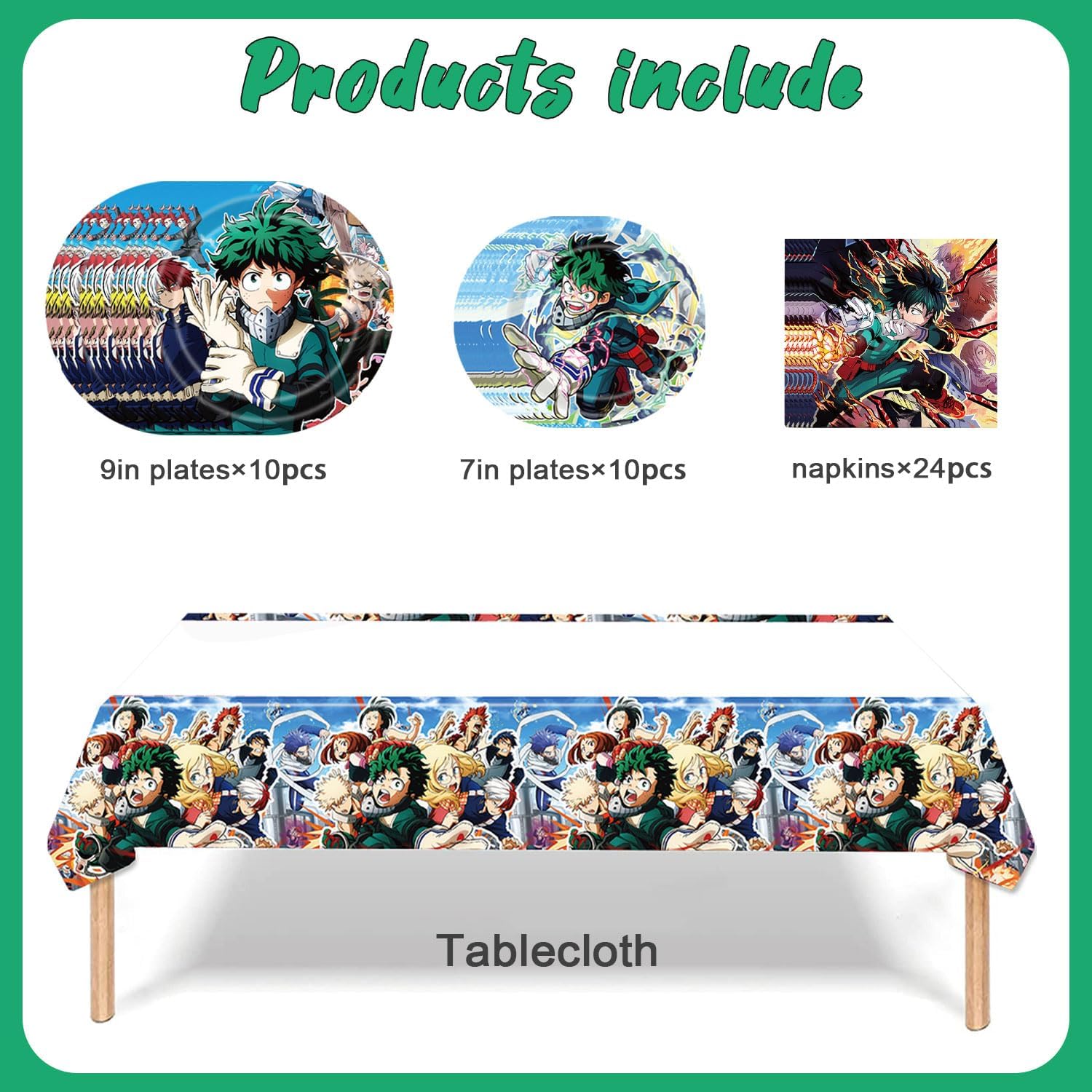 Academia of My Hero Birthday Party Tableware Set - Includes Aemin Theme Banner, Tablecloth, Plates, Napkins for Teens Kids Party Decorations