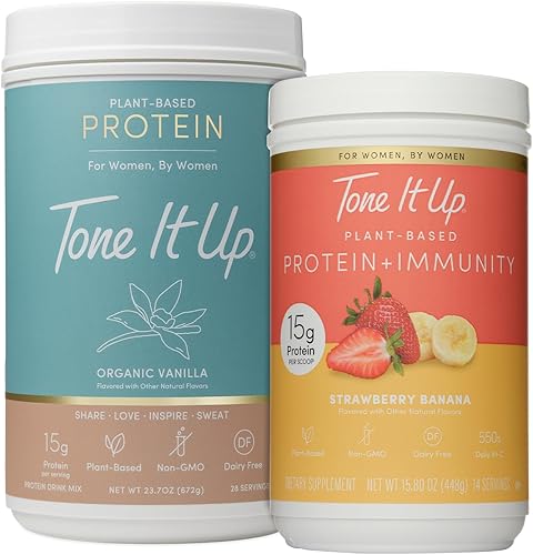 Tone It Up  Proteína de vainilla orgánica en polvo 28 porciones y proteína inmune de plátano fresa en polvo 14 porciones