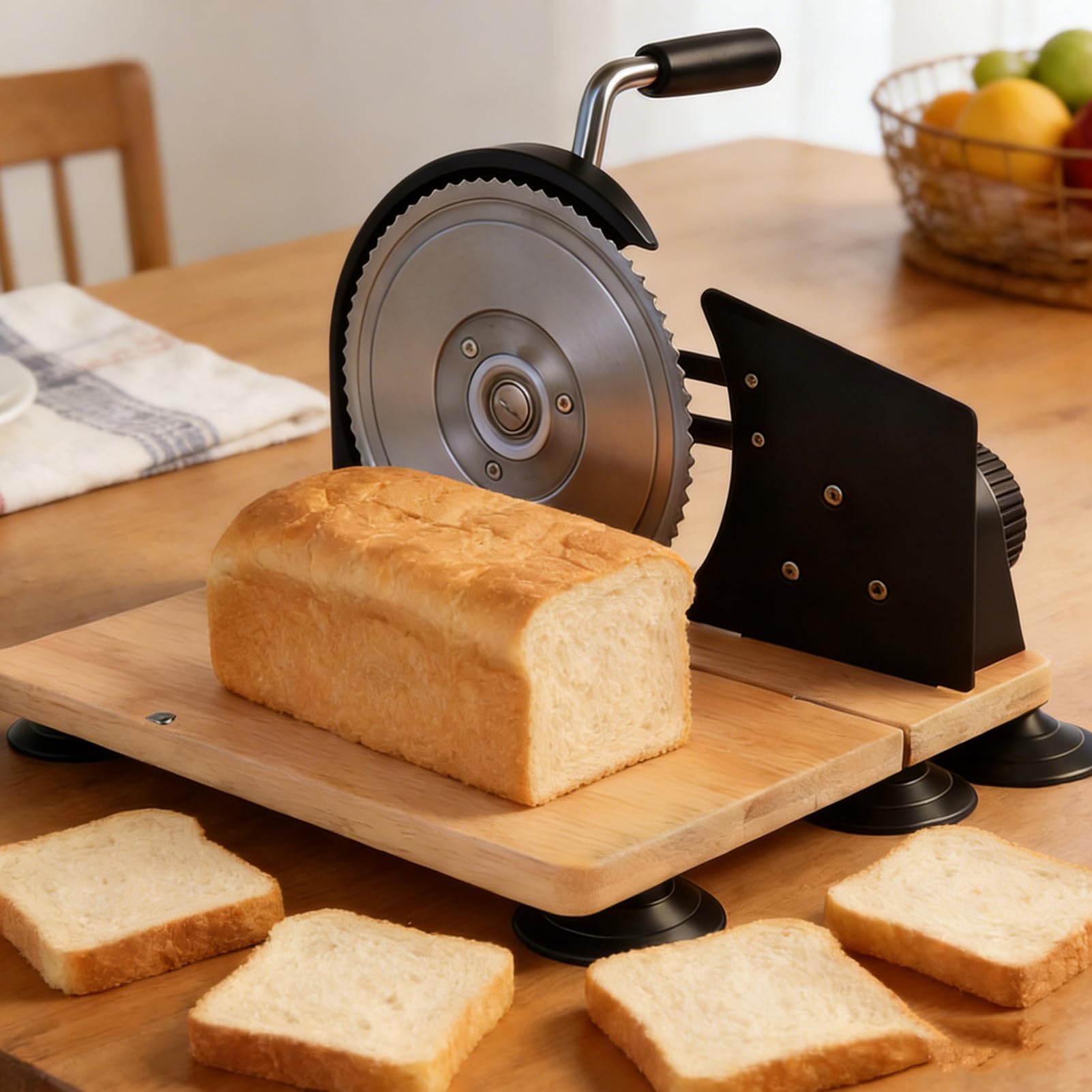 Vikye Cortadora de Pan Manual, Cortadora de Pan con Manivela para de Masa Madre Casero, Espesor Ajustable con Línea de Escala, Ventosa y Guía de Metal (BLACK)