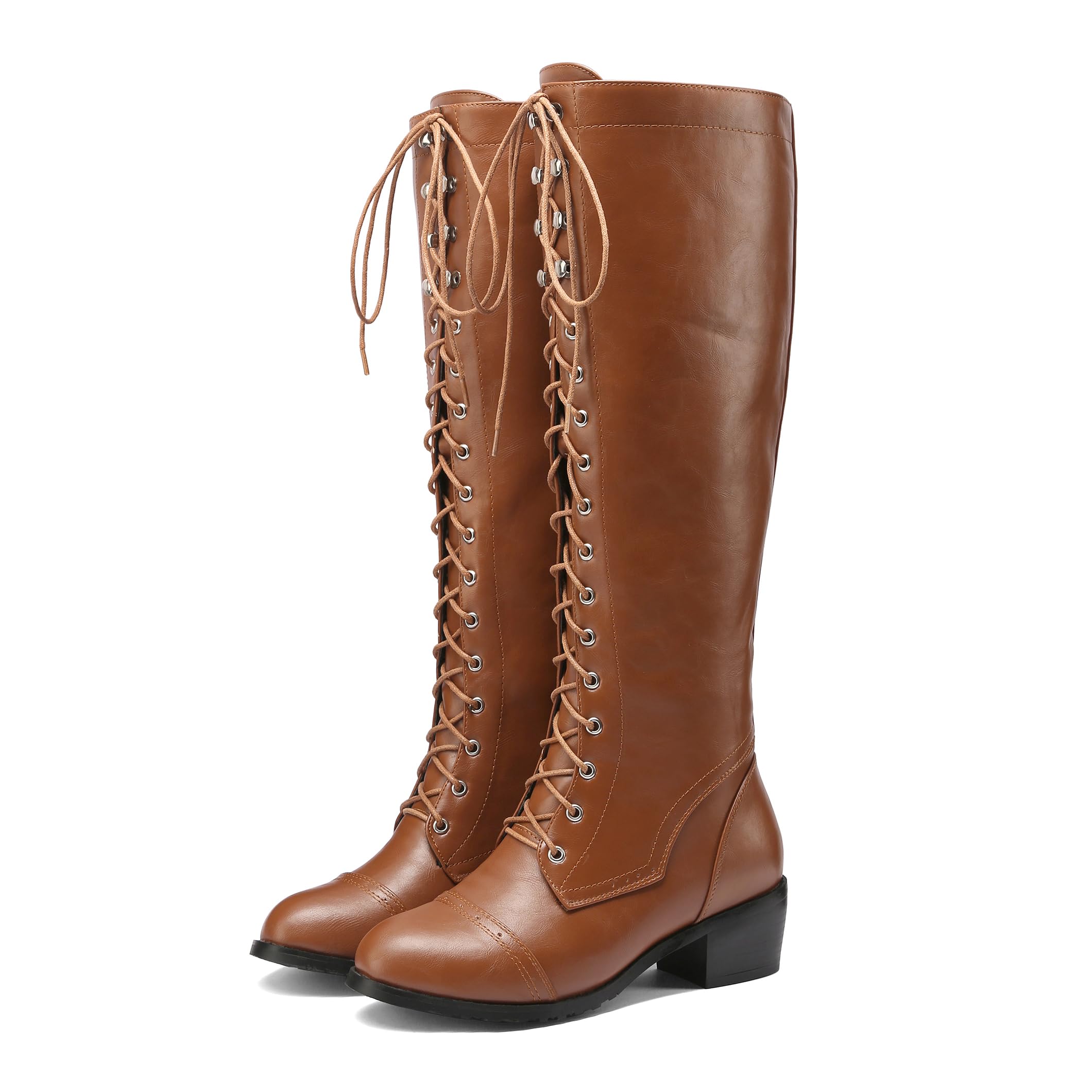 BEAUPAS Womens Knee High Combat Boots Lace Up Low Heel Military Tall Boots