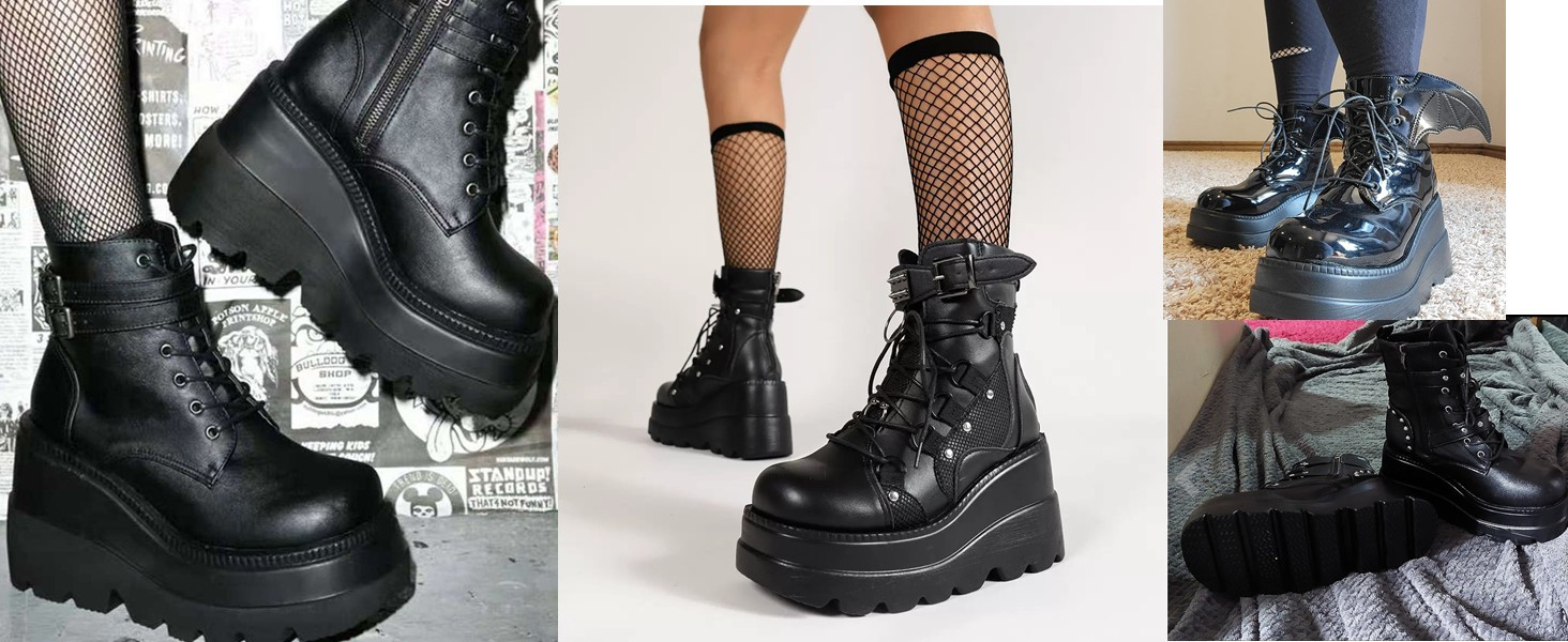 Gothniero High Platform Knee Boots Chunky Heel Wedge Black