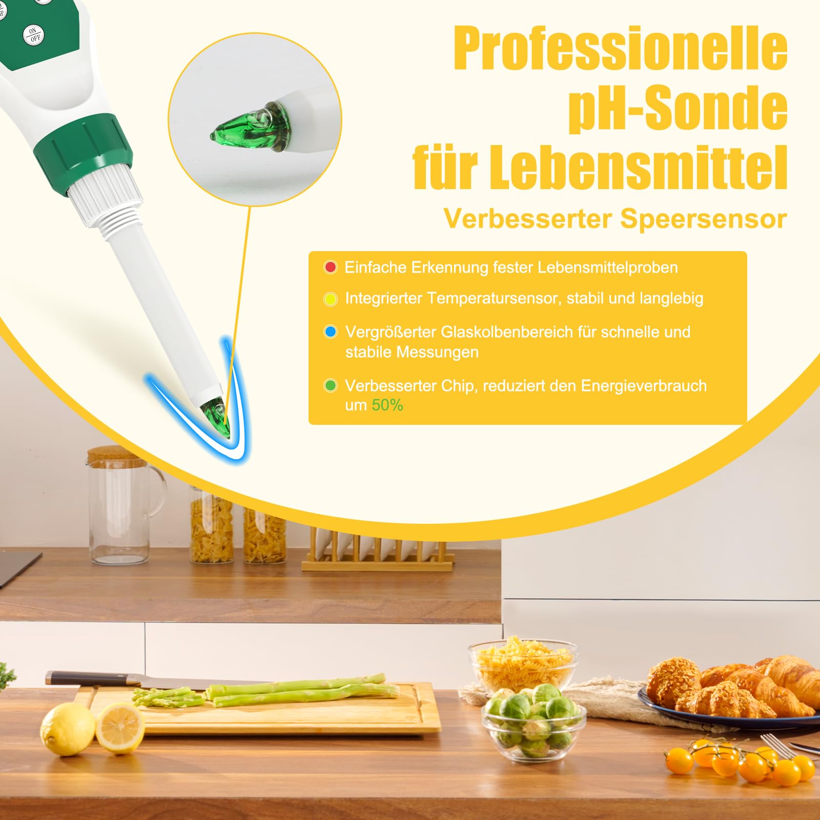 pH-mètre, Testeur de pH Numérique pour Aliments avec Sonde de Haute Précision, pH-mètre Étanche pour Viande, Pain, Fromage, Pâte, Crème et Eau