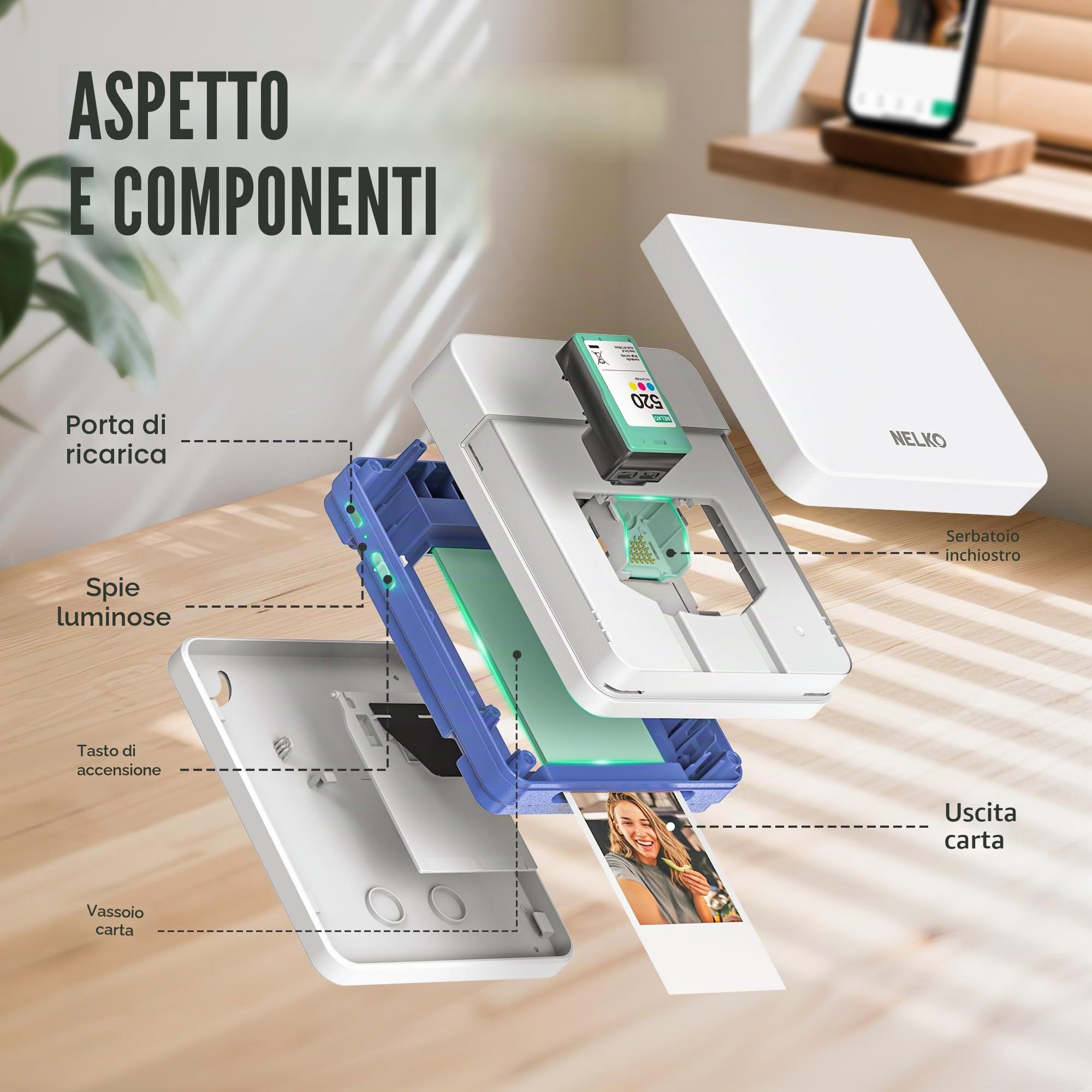 Nelko PP01 Stampante Fotografica Portatile, Mini Stampante a Colori per Stampa Foto dal Cellulare, Bianco