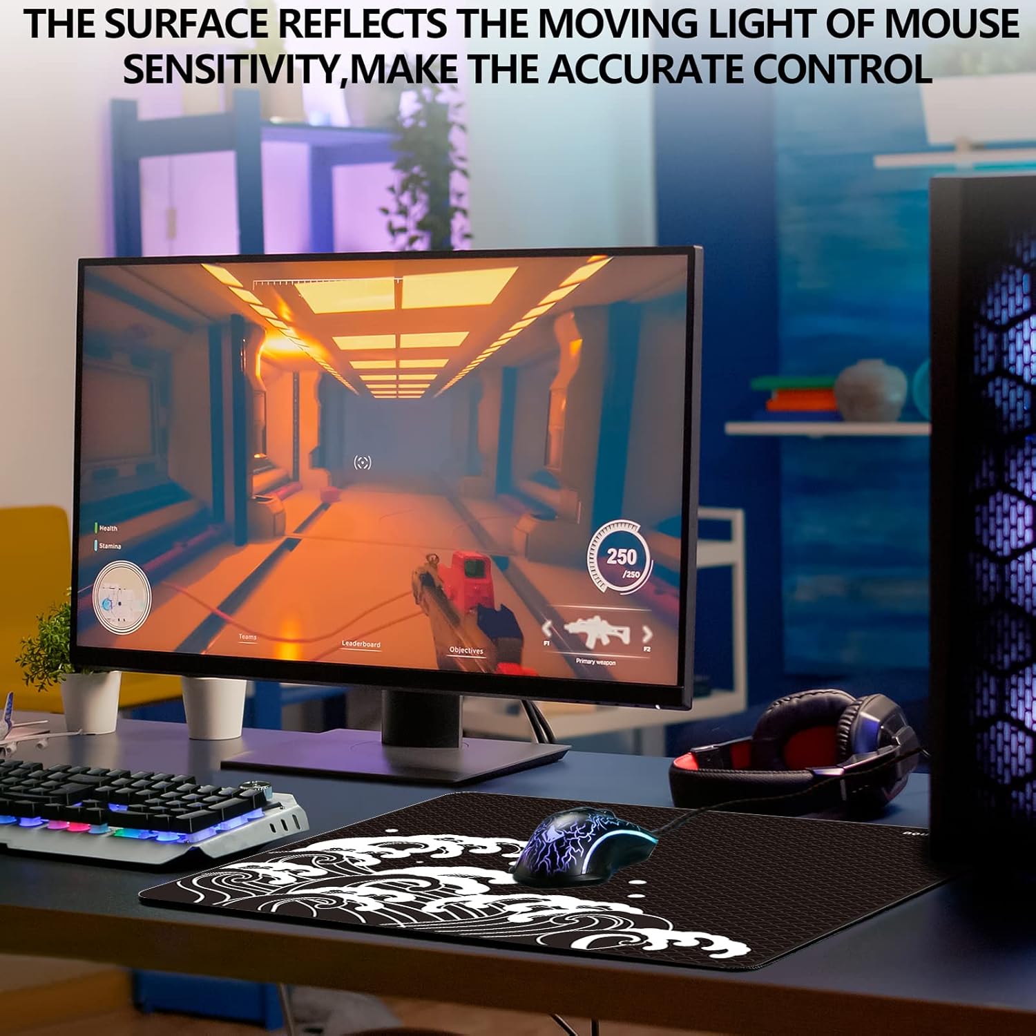 A gaming setup with a mouse on the X-Raypad Aqua Control Plus mouse pad, demonstrating how the surface reflects mouse sensitivity for accurate control during gameplay.