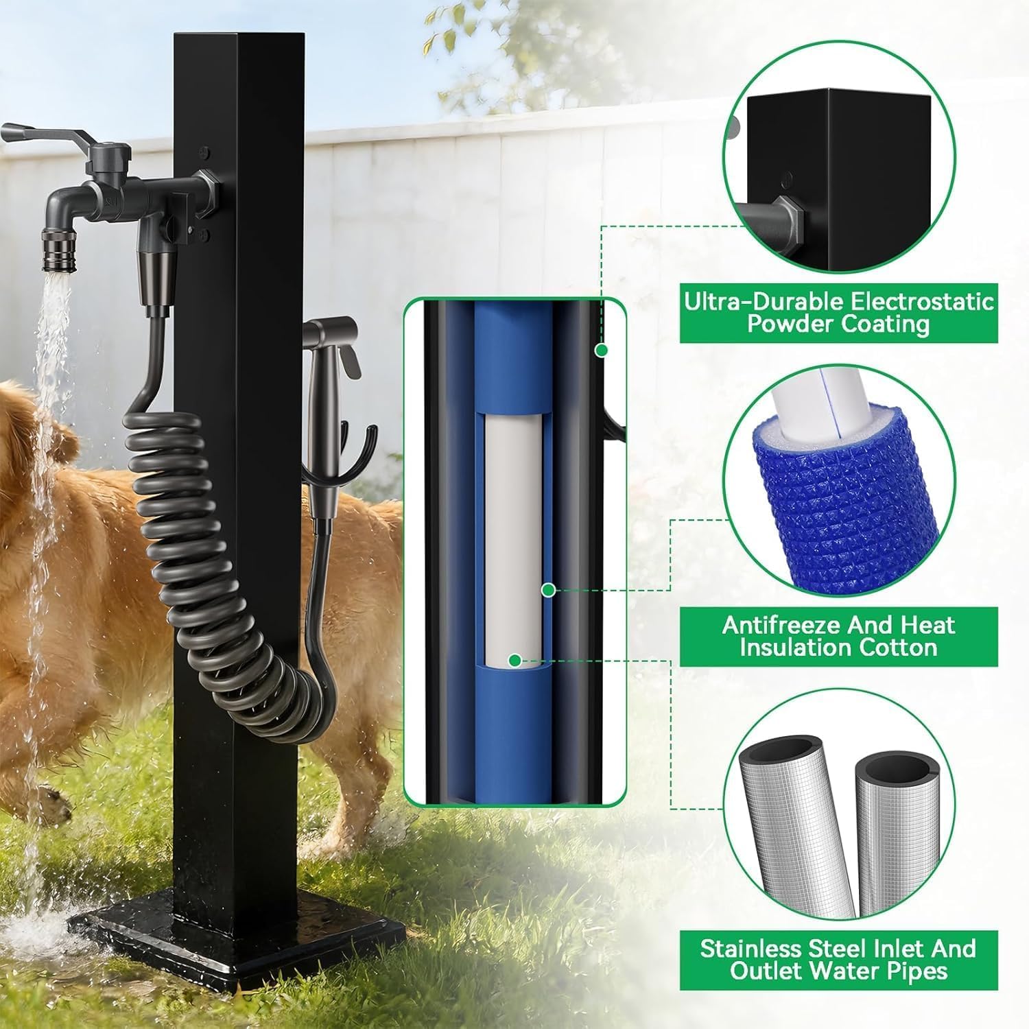 Columna De Agua para Jardín con Grifo, Grifo De Hidrante De Acero Inoxidable De 23,62" con Dos Boquillas, Poste De Agua Anticongelante Independiente, para Lavar Mascotas/automóviles E