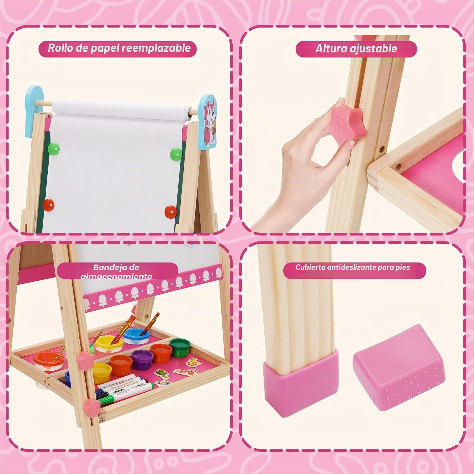 Caballete Infantil 3 en 1 Pizarra de Dibujo de Doble Cara de Madera Plegable con Rollo de Papel, Pizarra Blanca y Pizarra Caballete de Arte de Altura Ajustable 95-125cm Todo en Uno con 100+ Accesorios