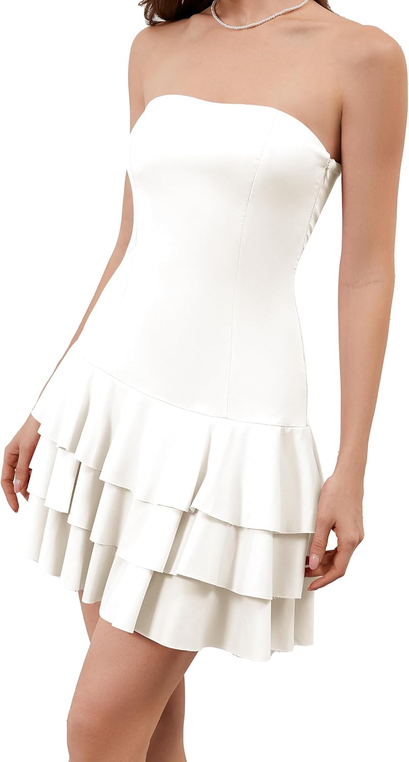 Meladyan Women's 2025 Summer Strapless Tube Dress Sexy Off Shoulder Ruffle Tiered Flowy Mini Dresses White - Image 4