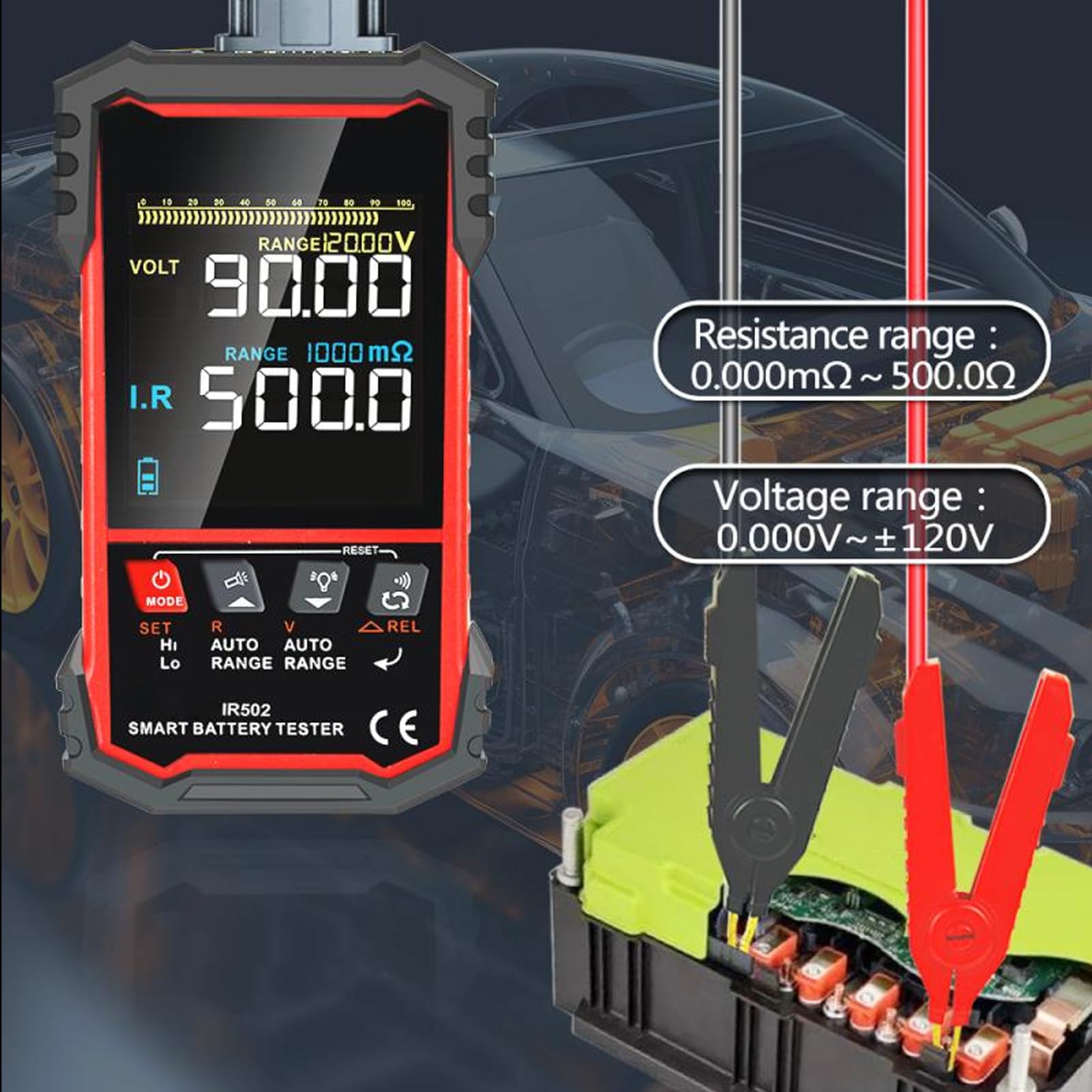 Tester digitale per batteria per auto, con tensione da 0 a 120 V CC e misurazione della resistenza interna da 0 a 500 Ω, allarme basso-alto, indicatore di salute, per moto,